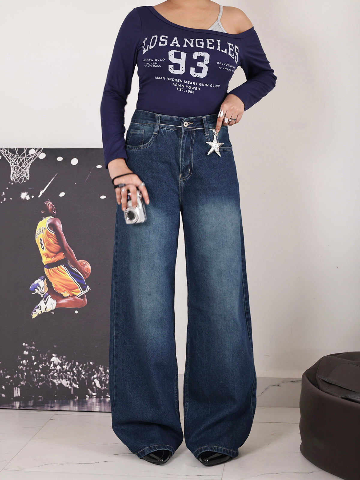 Marine Blue Washed Wide Leg Jeans