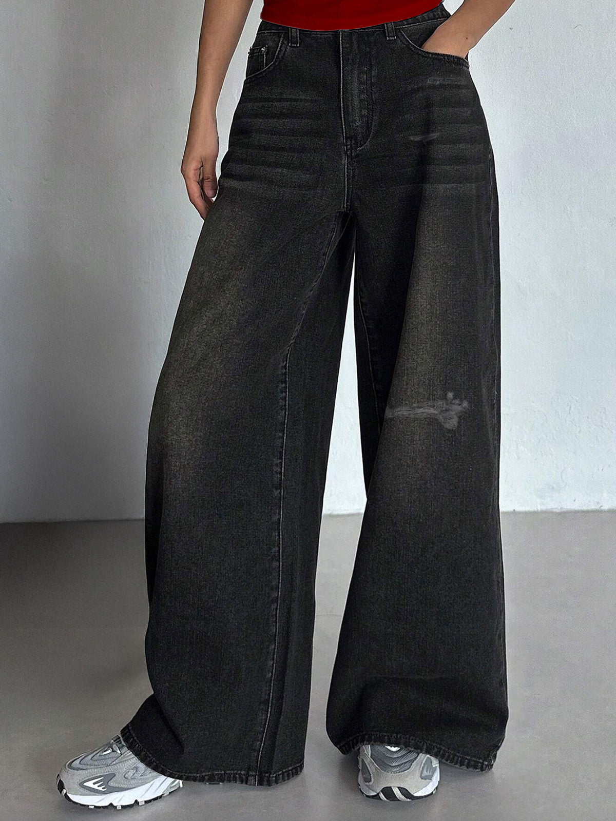 Rustic Black Tinted Ripped Wide Leg Jeans
