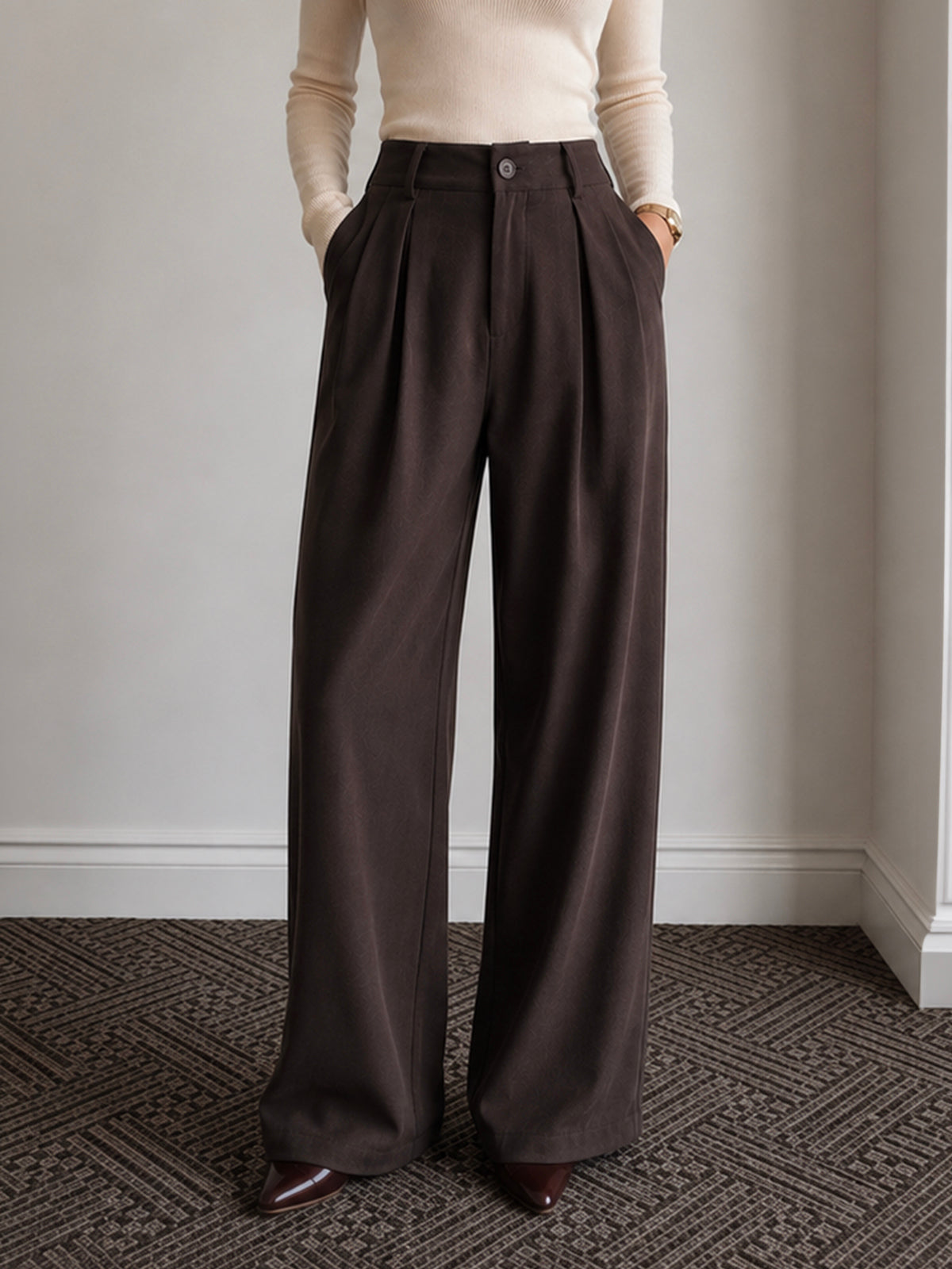 Dark Cocoa Brown Pleated Wide Leg Korean Pants