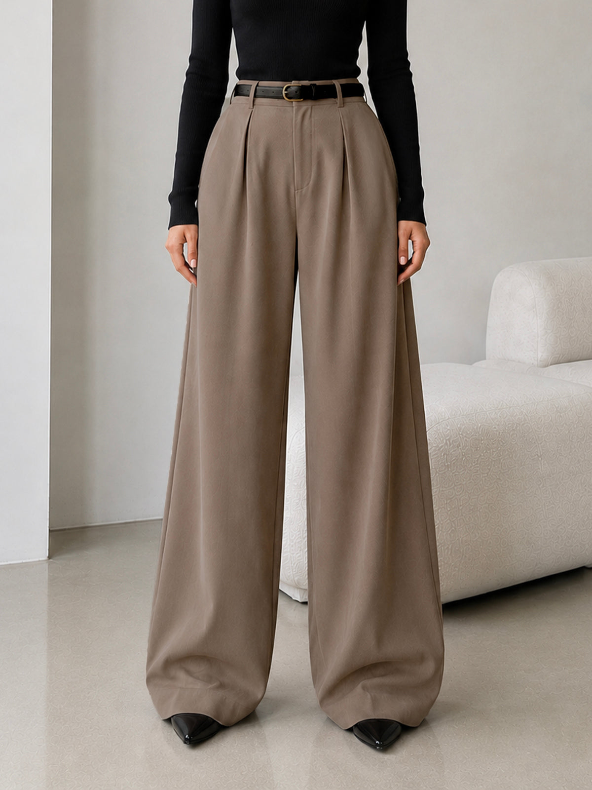Latte Brown Pleated Wide Leg Korean Pants