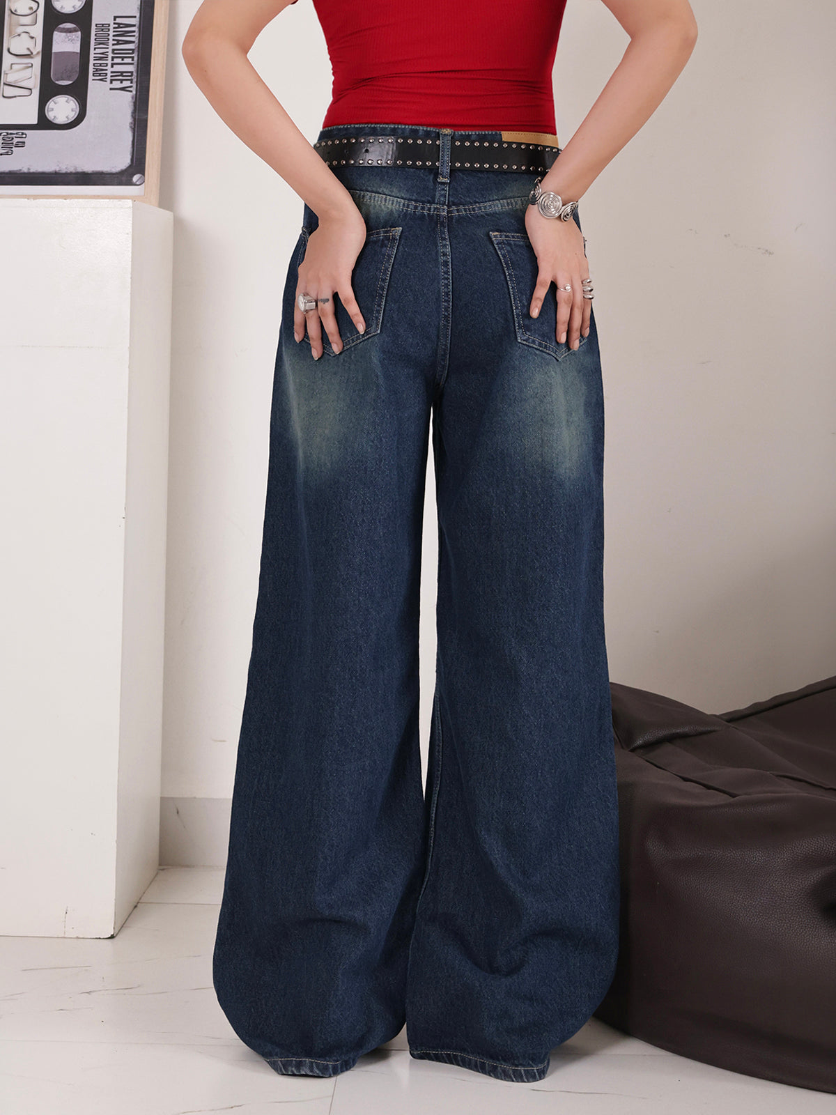 French Navy Blue Washed Wide Leg Jeans