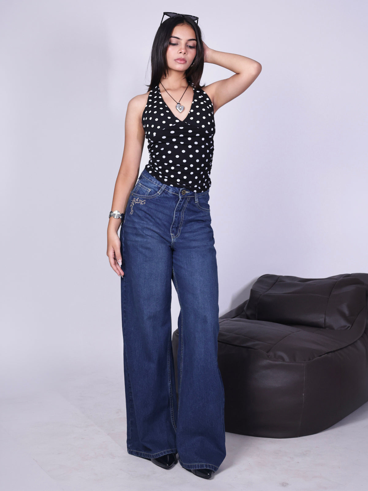 Galaxy Blue Embroidered Wide Leg Jeans