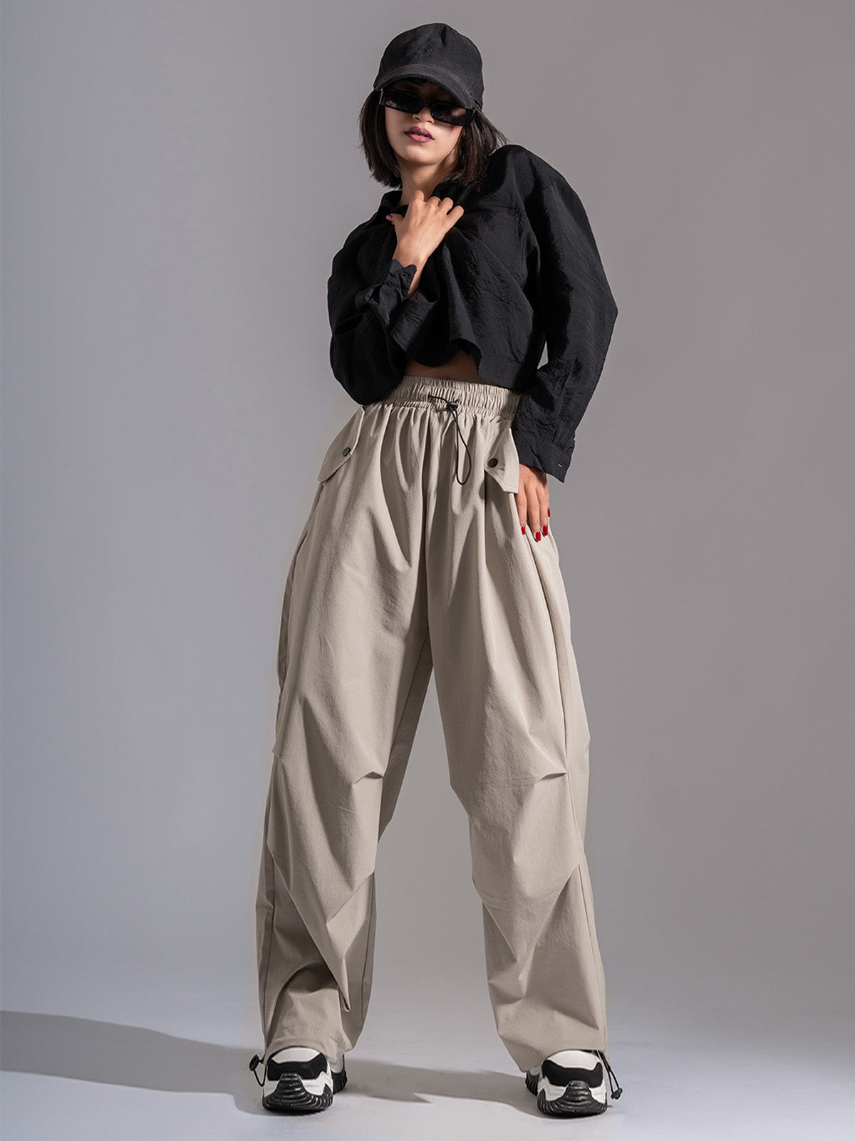 Ivory Nylon Baggy Parachute Pants