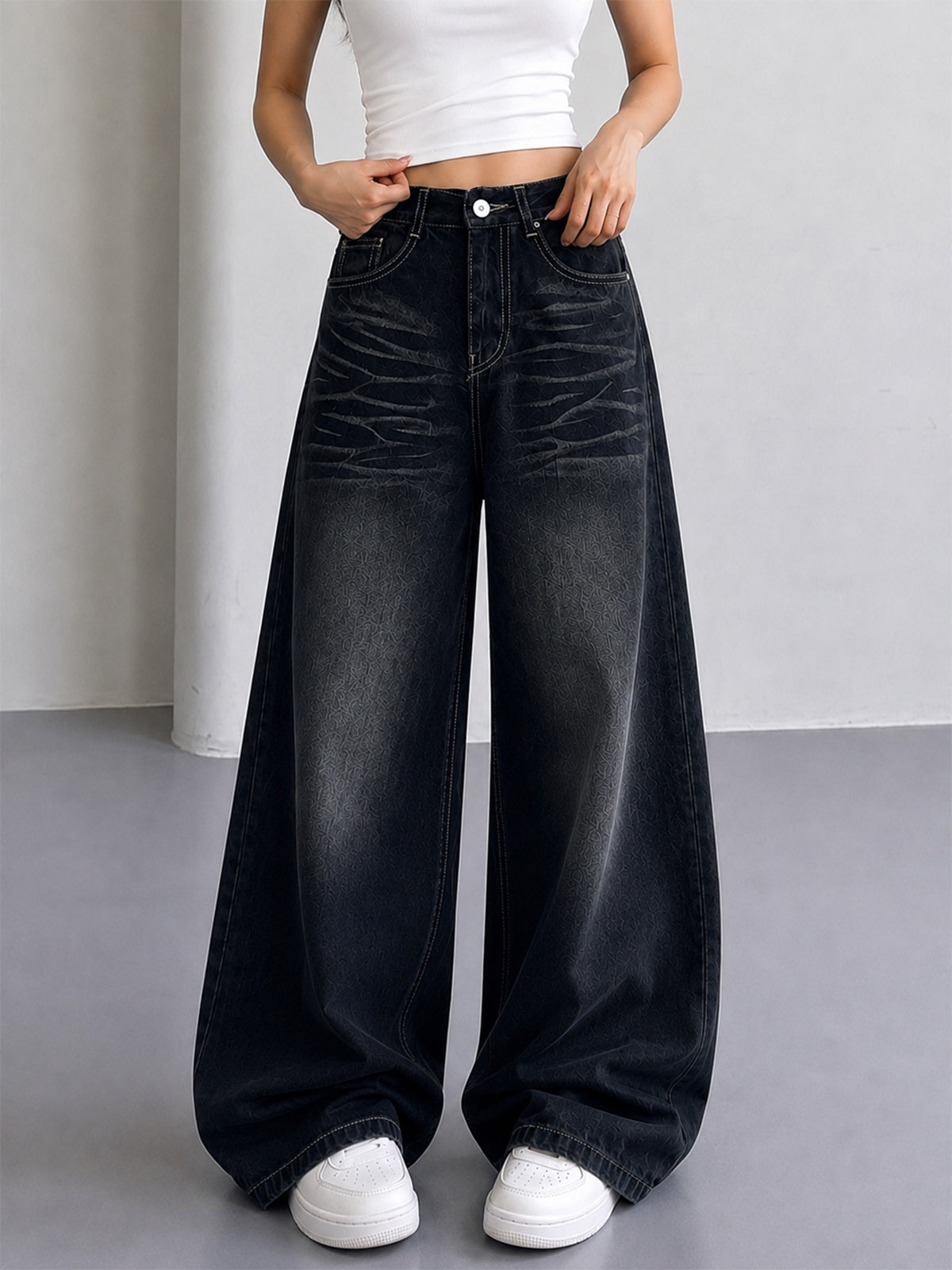 Shadow Black Whisker Super Wide Leg Jeans
