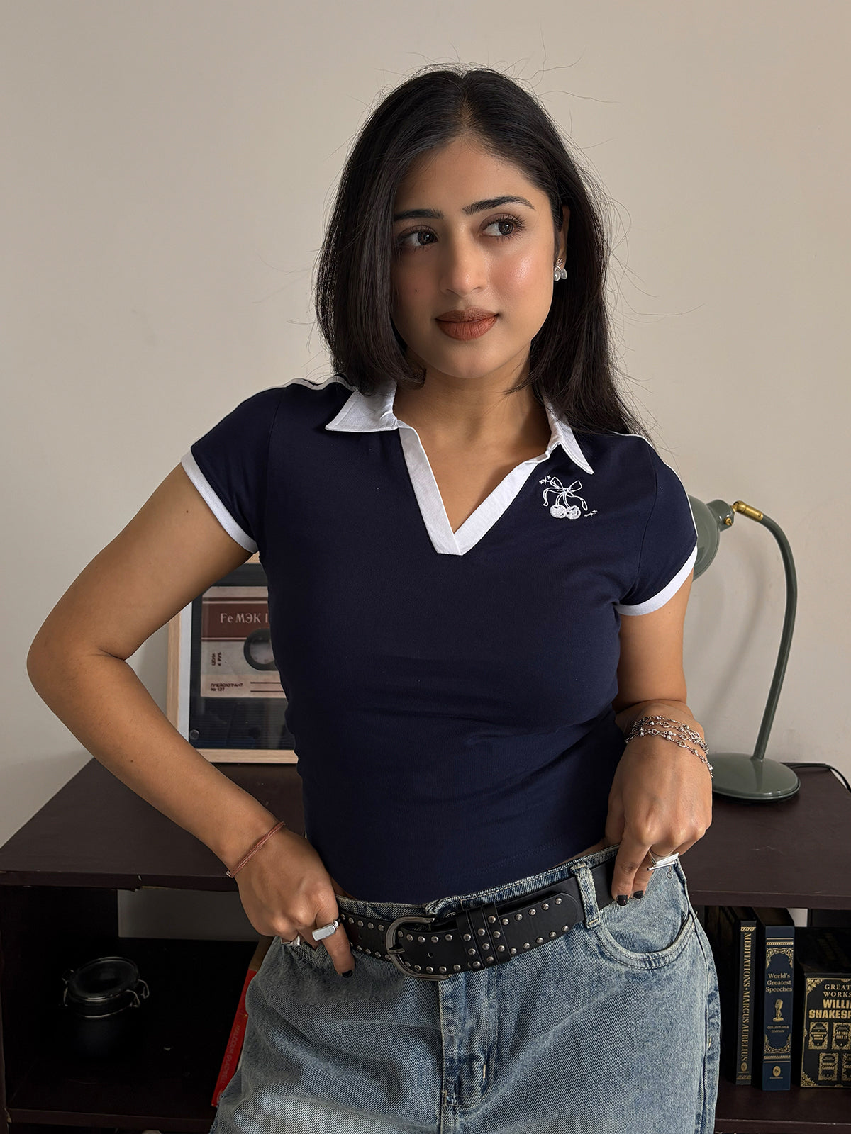 Navy Contrast Detail Embroidered Polo Tee