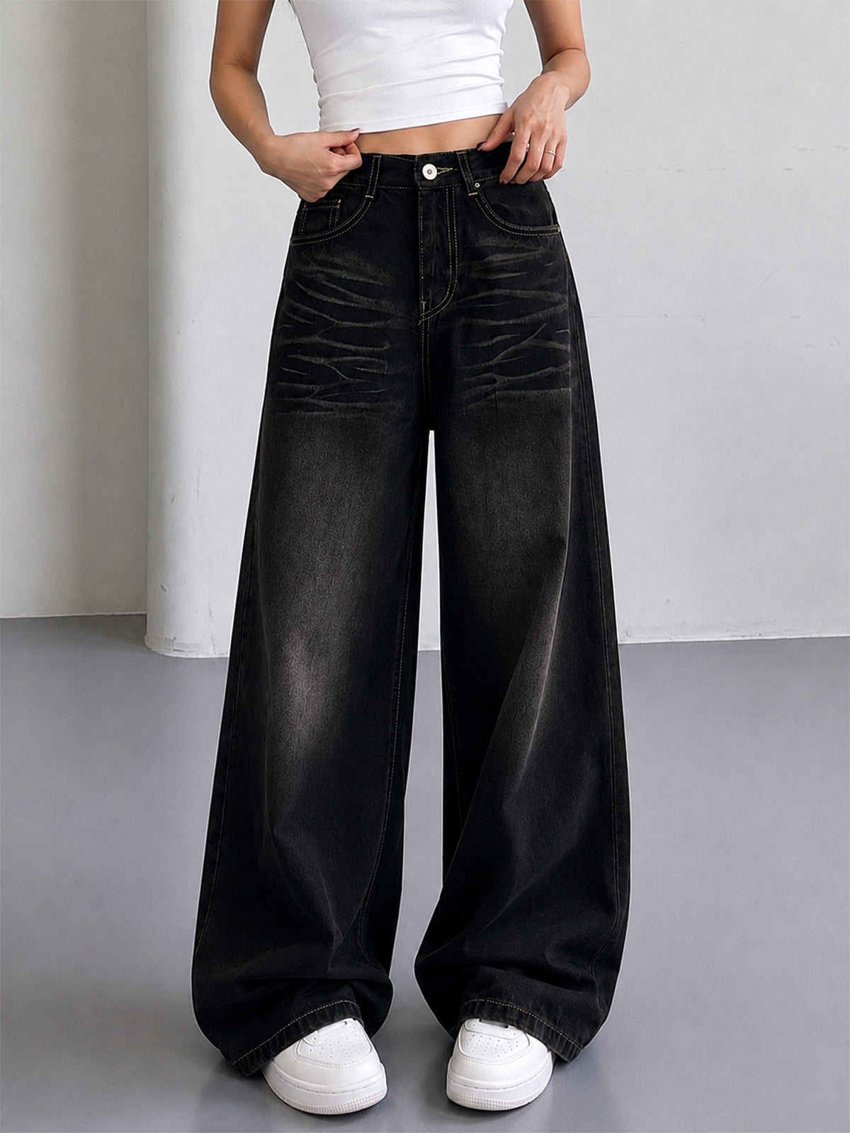 Shadow Black Whisker Super Wide Leg Jeans
