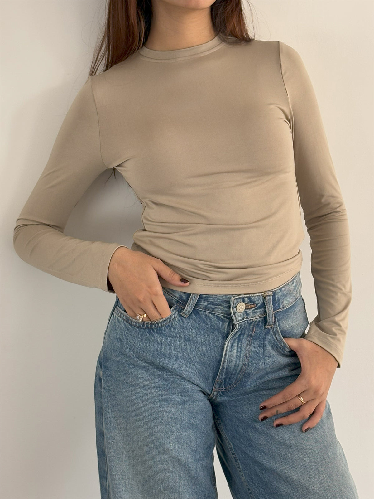 Beige Sleek Body Fitted Full Sleeves Top