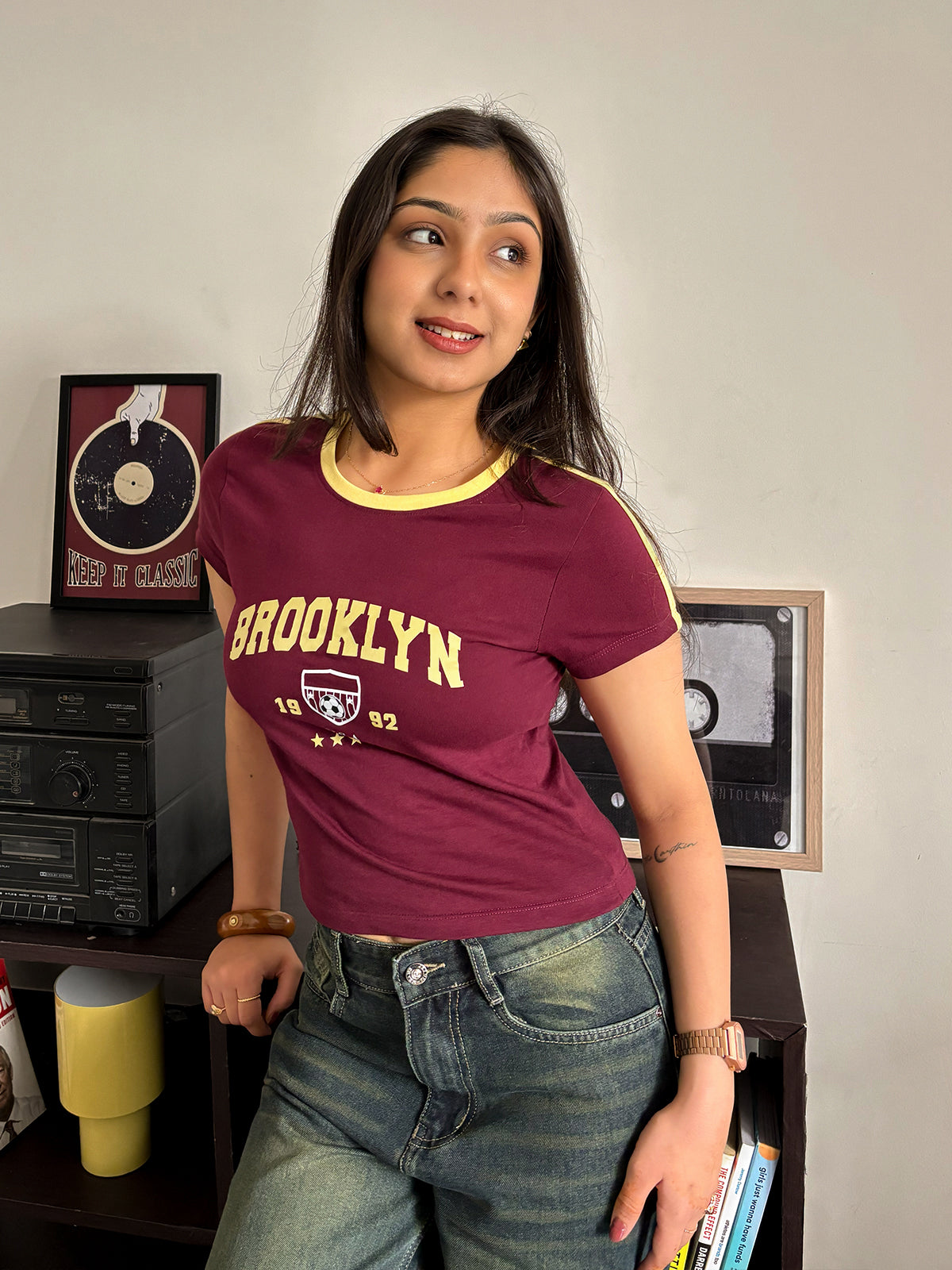 Deep Cherry Brooklyn Contrast Detail Graphic Baby Tee