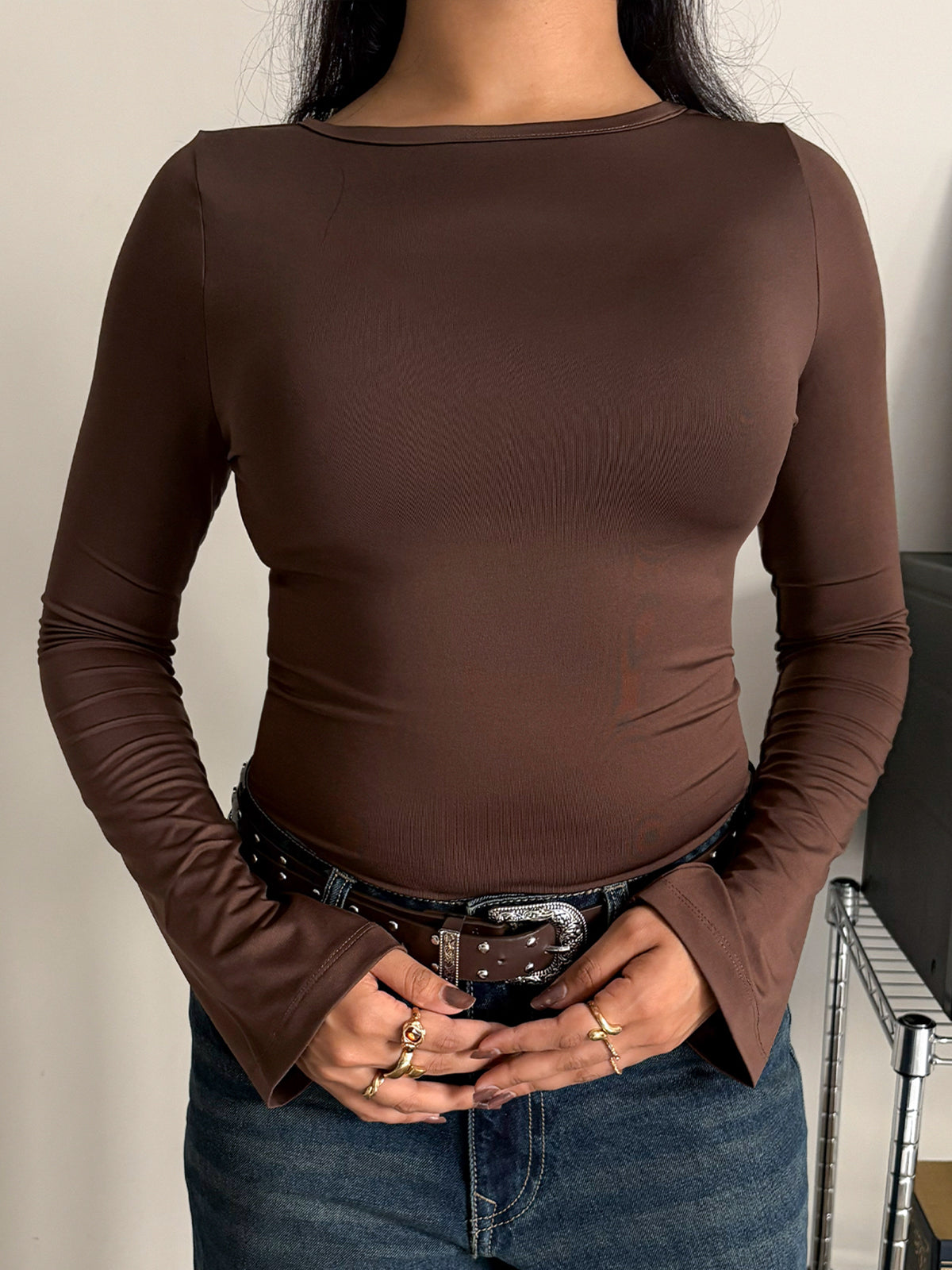 Chocolate Brown Boat Neck Bell Sleeve Slim Fit Top