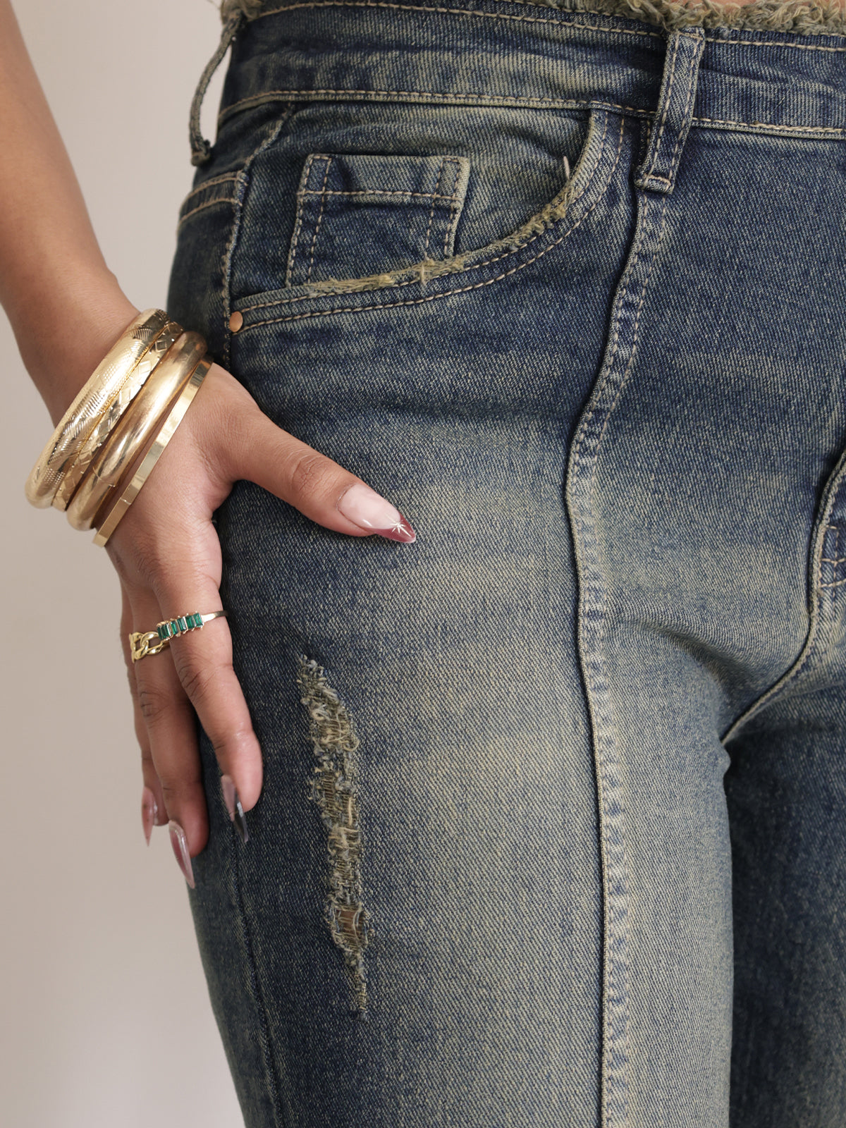 70s Stellar Blue Panelled Frayed Bootcut Jeans
