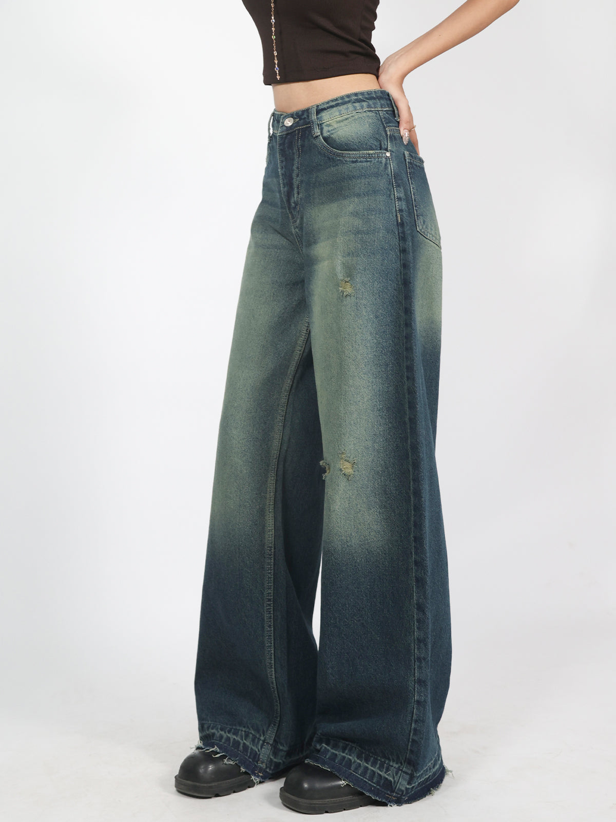 Twilight Green Washed Y2K Super Wide Leg Jeans