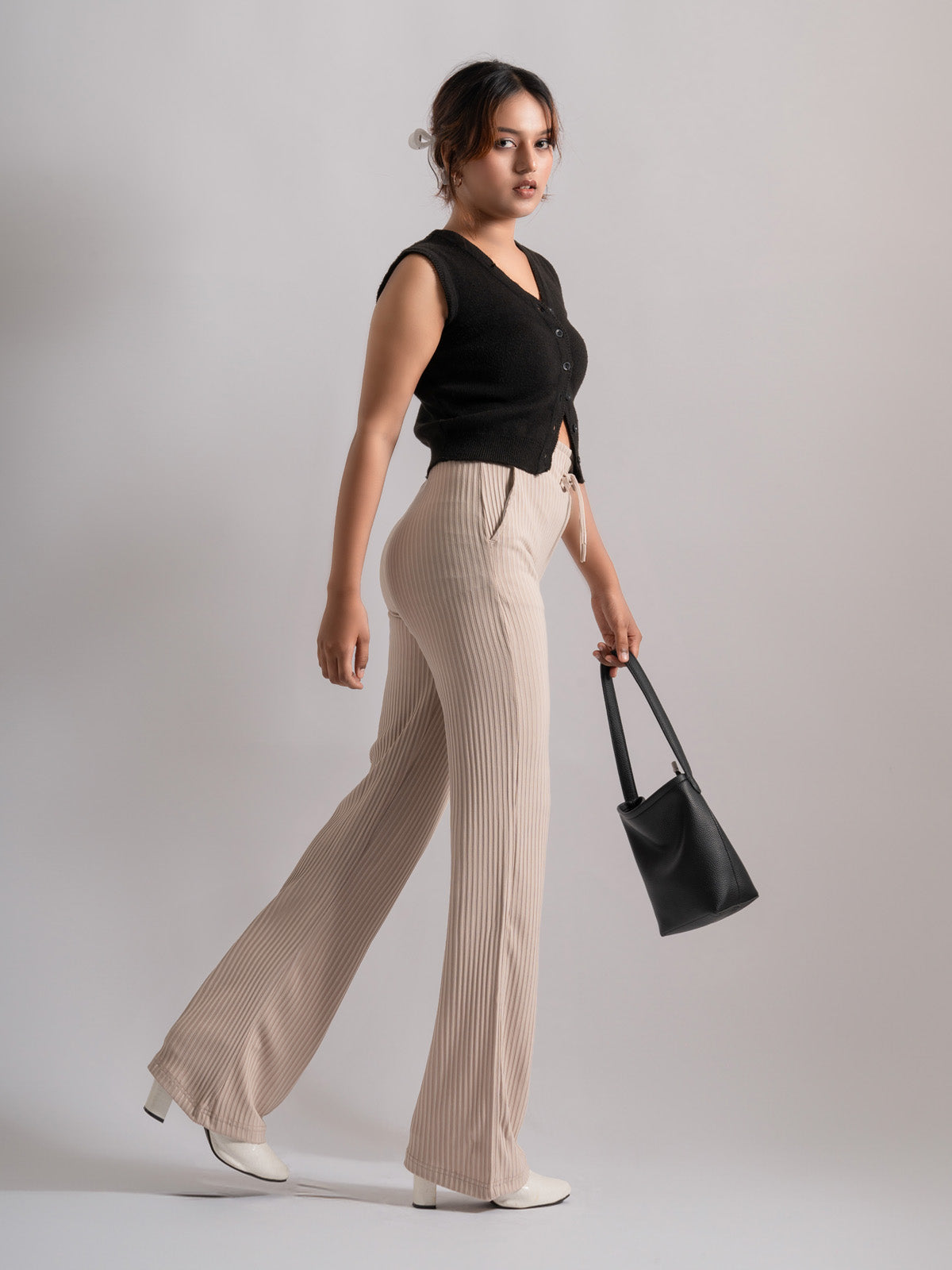 Luxe Beige Lounge Ribbed Korean Trousers