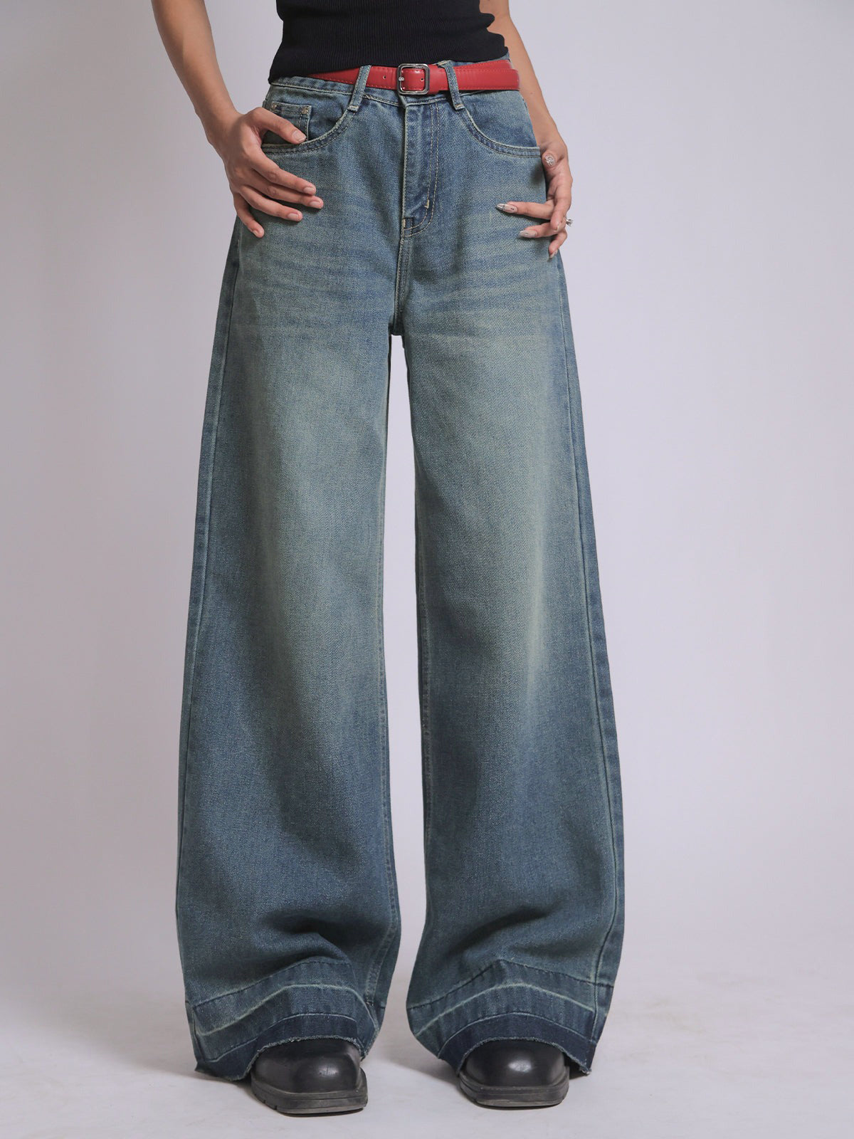 Dusty Aqua Blue Washed Super Wide Leg Jeans
