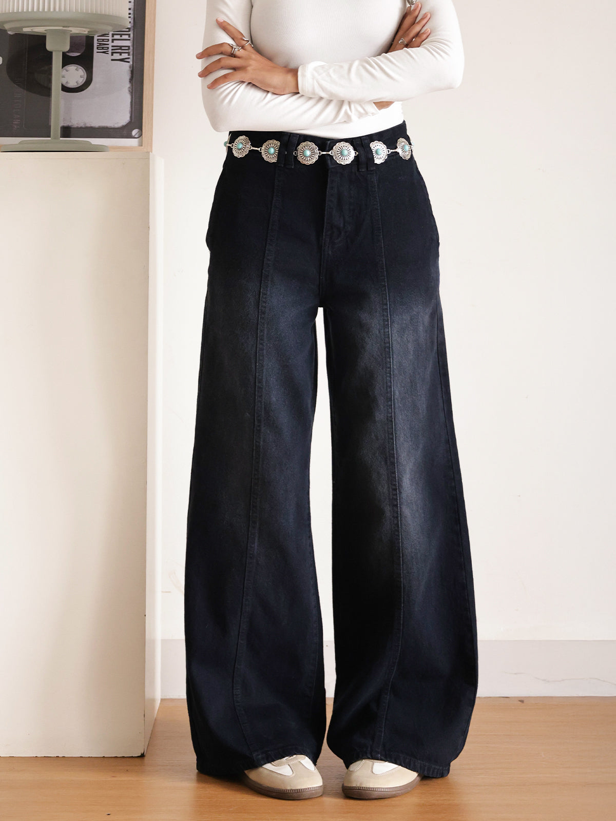 Alaska Black Panelled Super Wide Leg Jeans