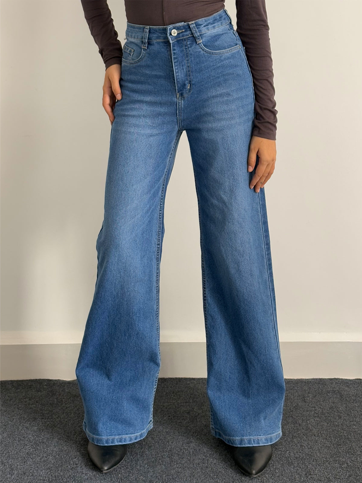 Luxe Oxford Blue Cat Whisker Stretchable Wide Leg Jeans