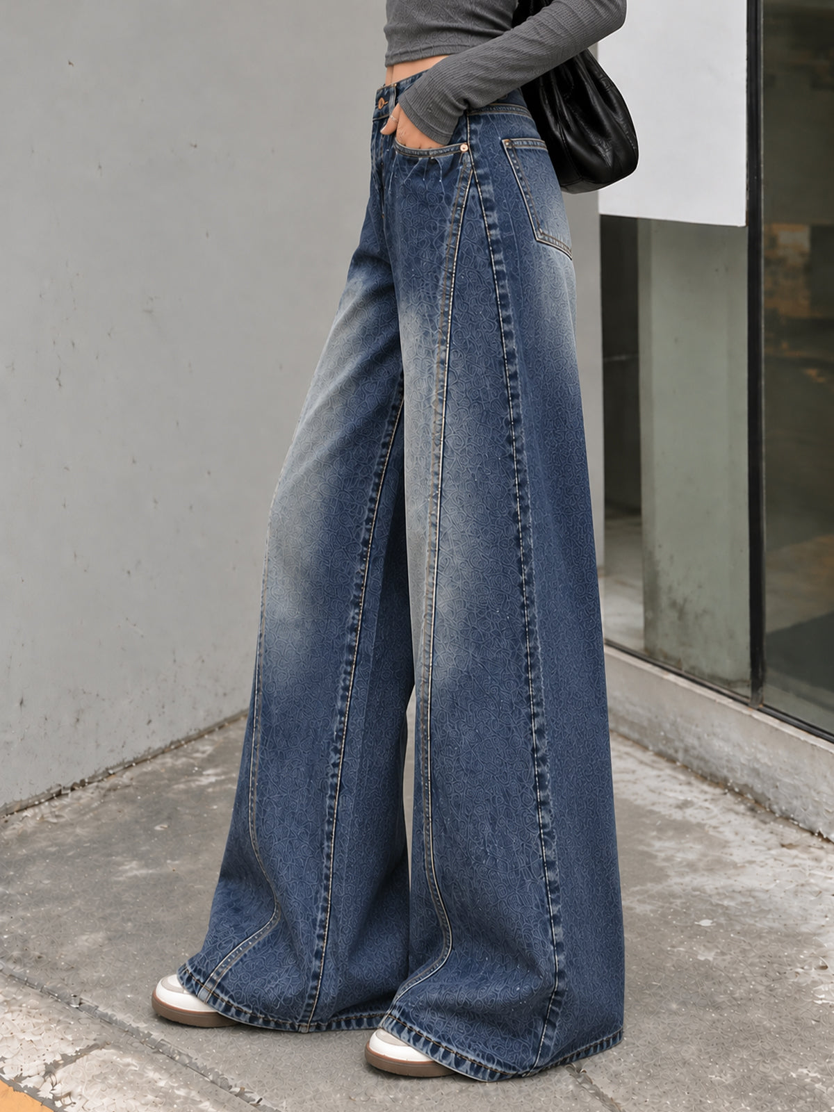 Moon Blue Panelled Washed Super Wide Leg Jeans