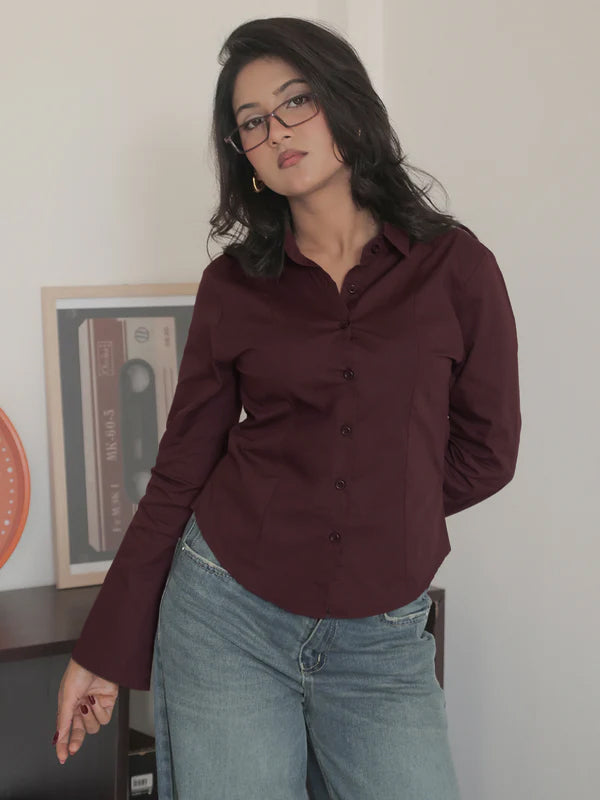 Deep Cherry Flared Sleeve Y2K Fitted Shirt
