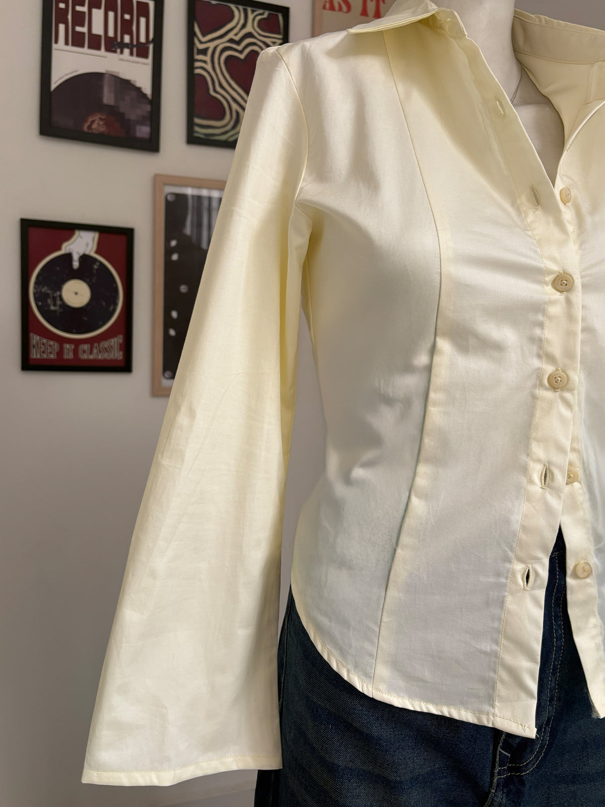 Butter Yellow Flared Sleeve Y2K Fitted Shirt