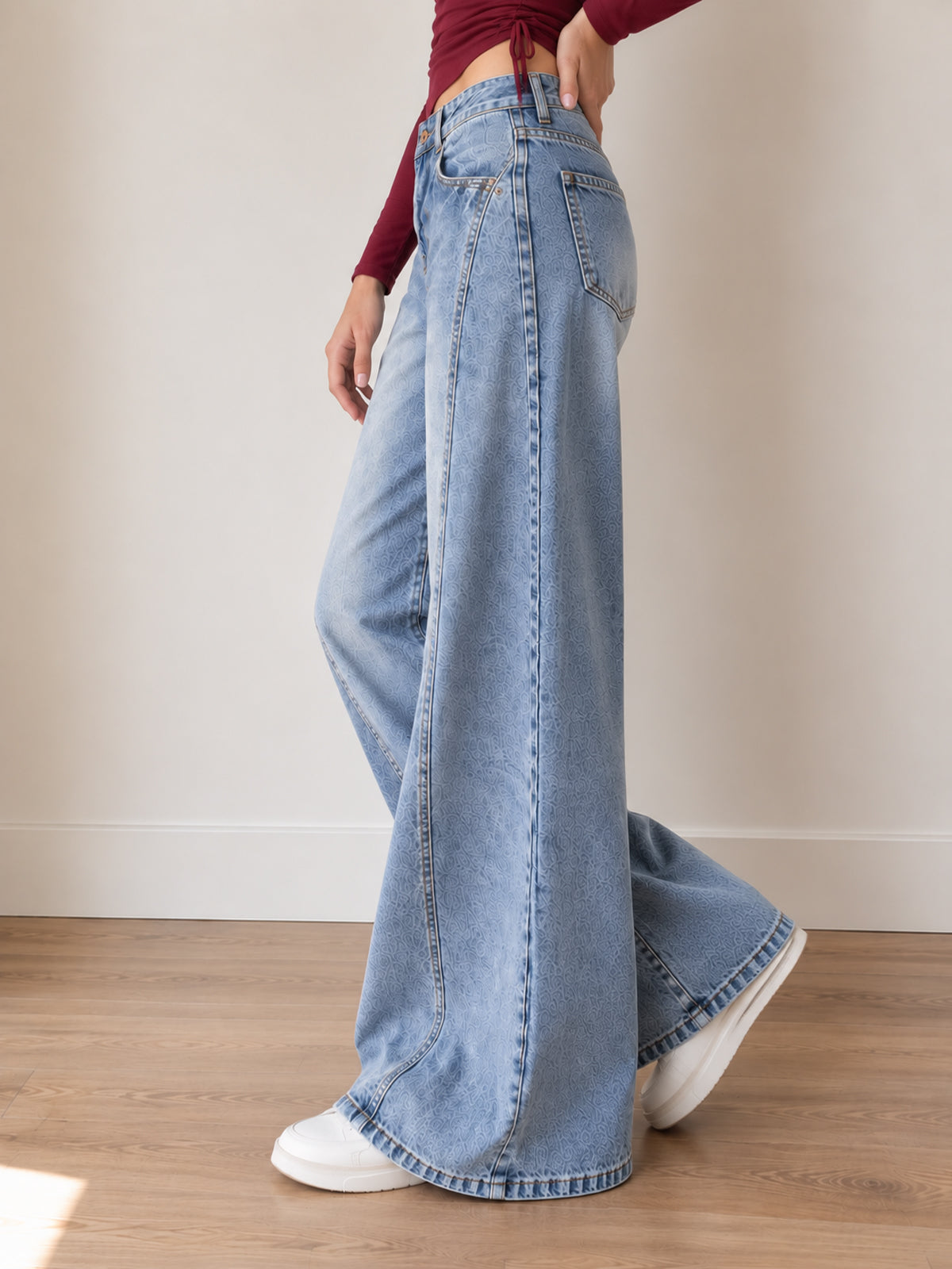 French Blue Panelled Washed Super Wide Leg Jeans