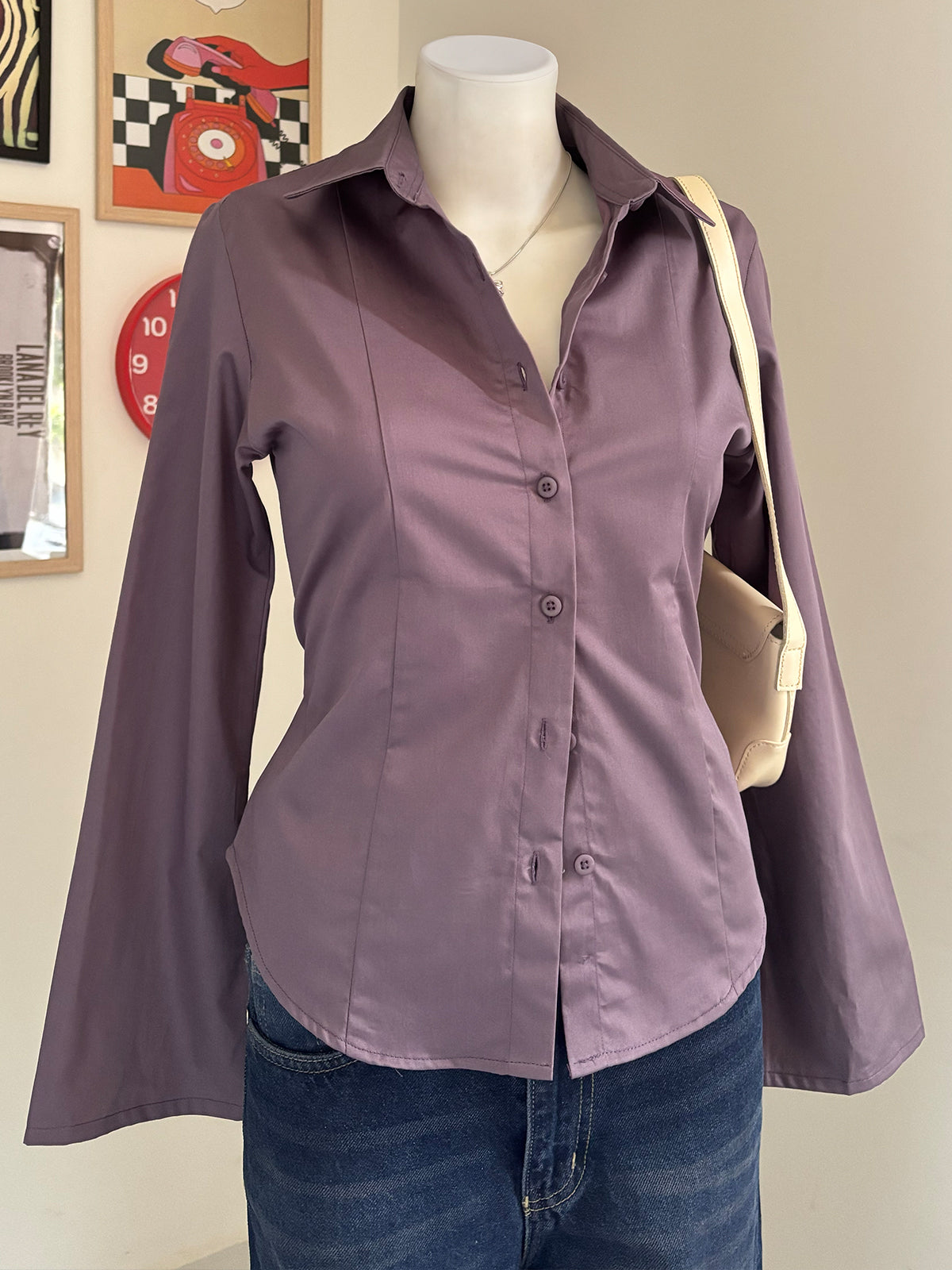 Dusty Mauve Flared Sleeve Y2K Fitted Shirt