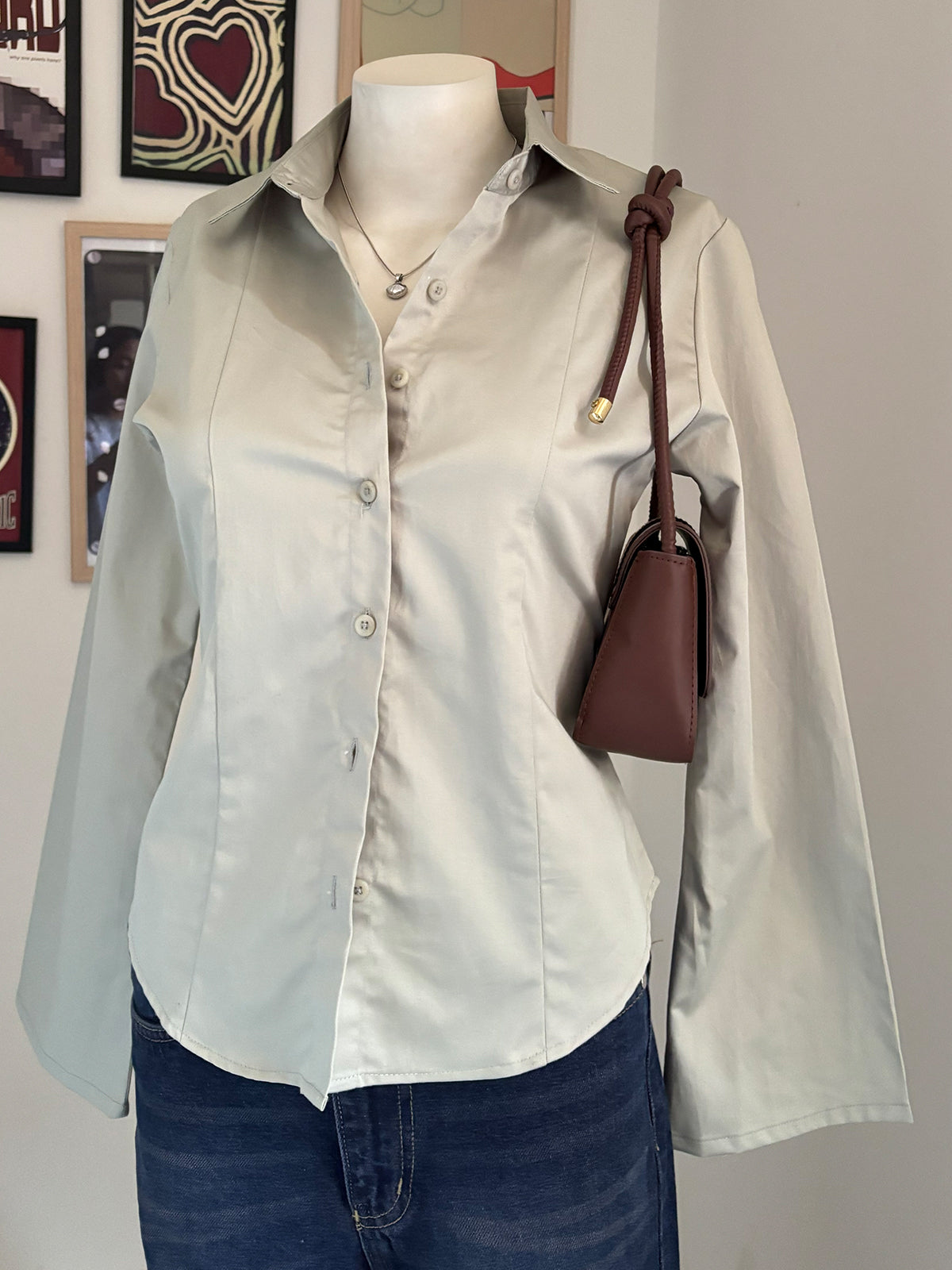 Sage Green Flared Sleeve Y2K Fitted Shirt