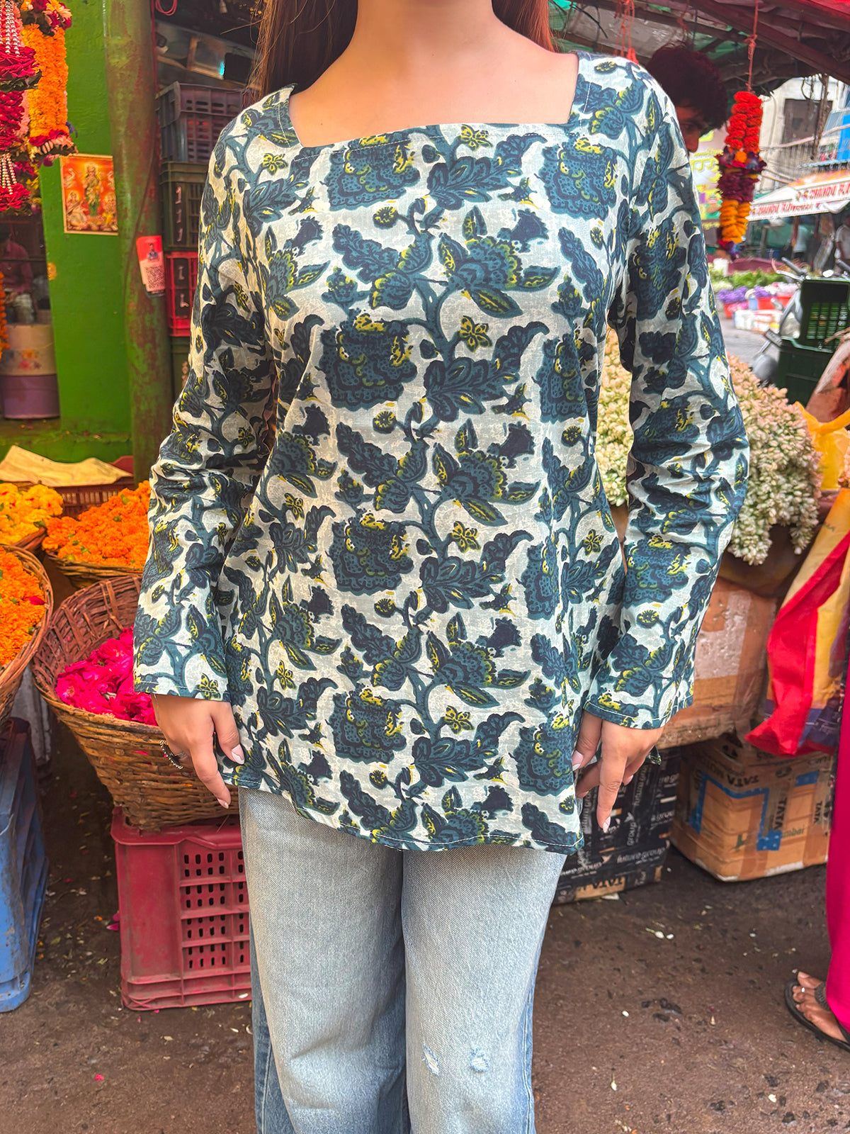 Poonam Square Neck Flared Sleeve Short Kurti