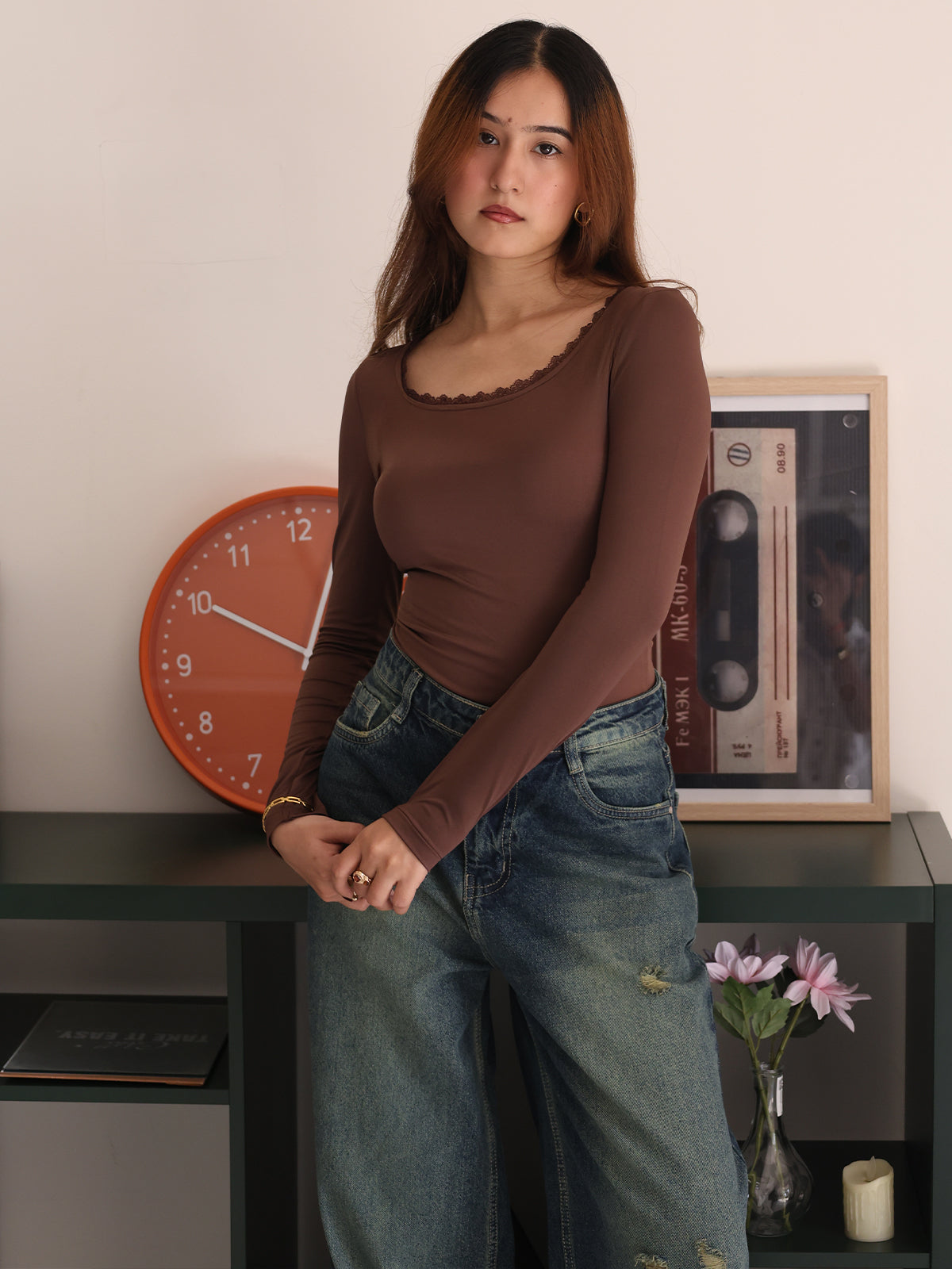 Chocolate Brown Scoop Neck Long Sleeve Lace Trim Slim Fit Top