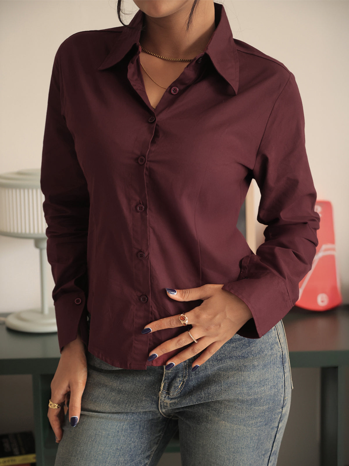 Deep Cherry Long Sleeve Y2K Fitted Shirt