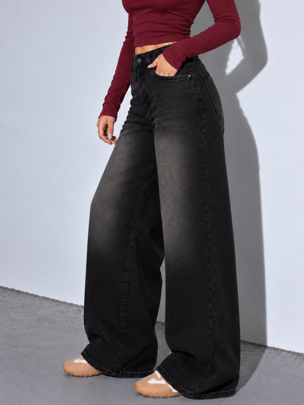Spider Black Washed Super Wide Leg Jeans