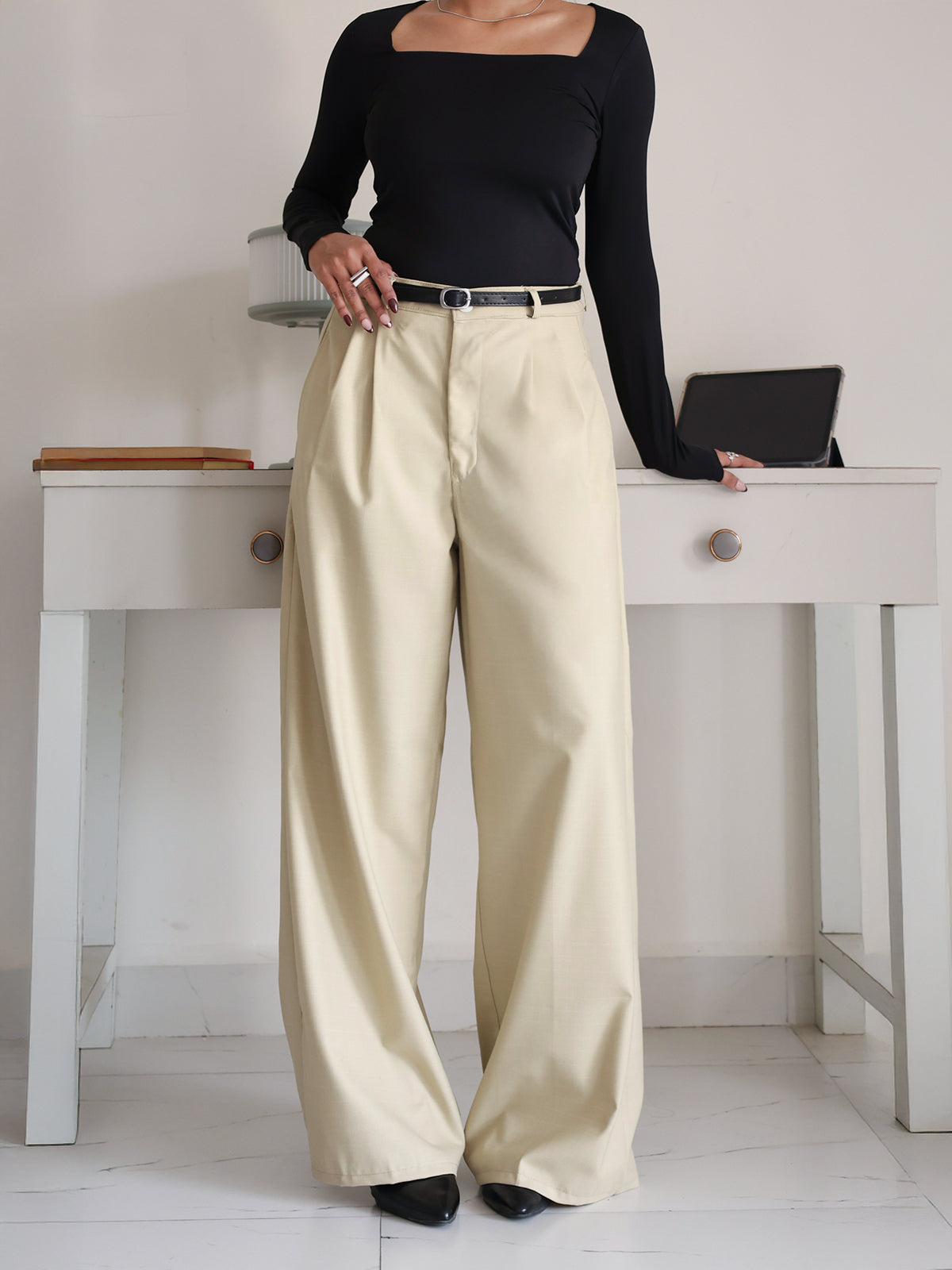 Vanilla Beige Belted Wide Leg Korean Pant