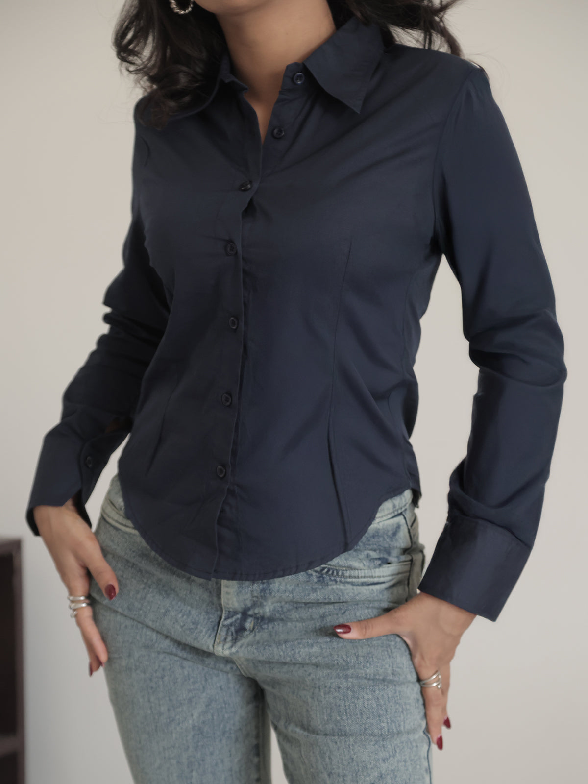 Navy Long Sleeve Y2K Fitted Shirt