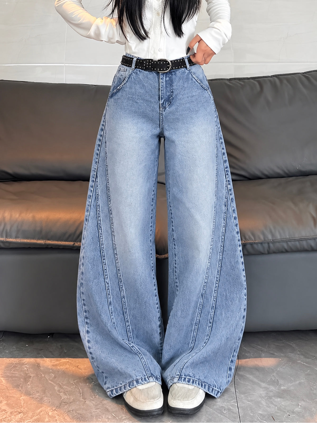 Clover Blue Panelled Super Wide Leg Jeans