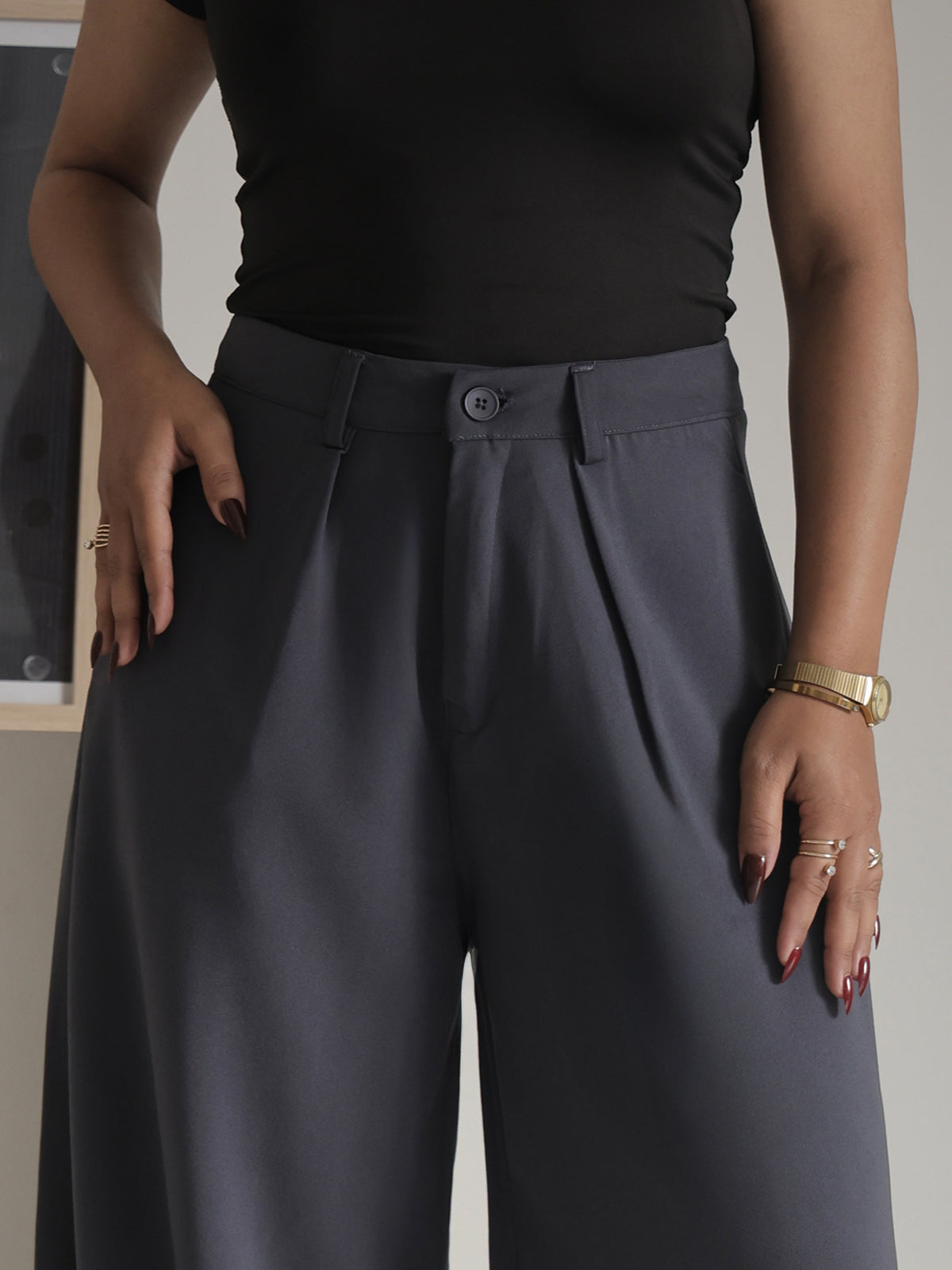 Ash Grey Pleated Wide Leg Korean Pants