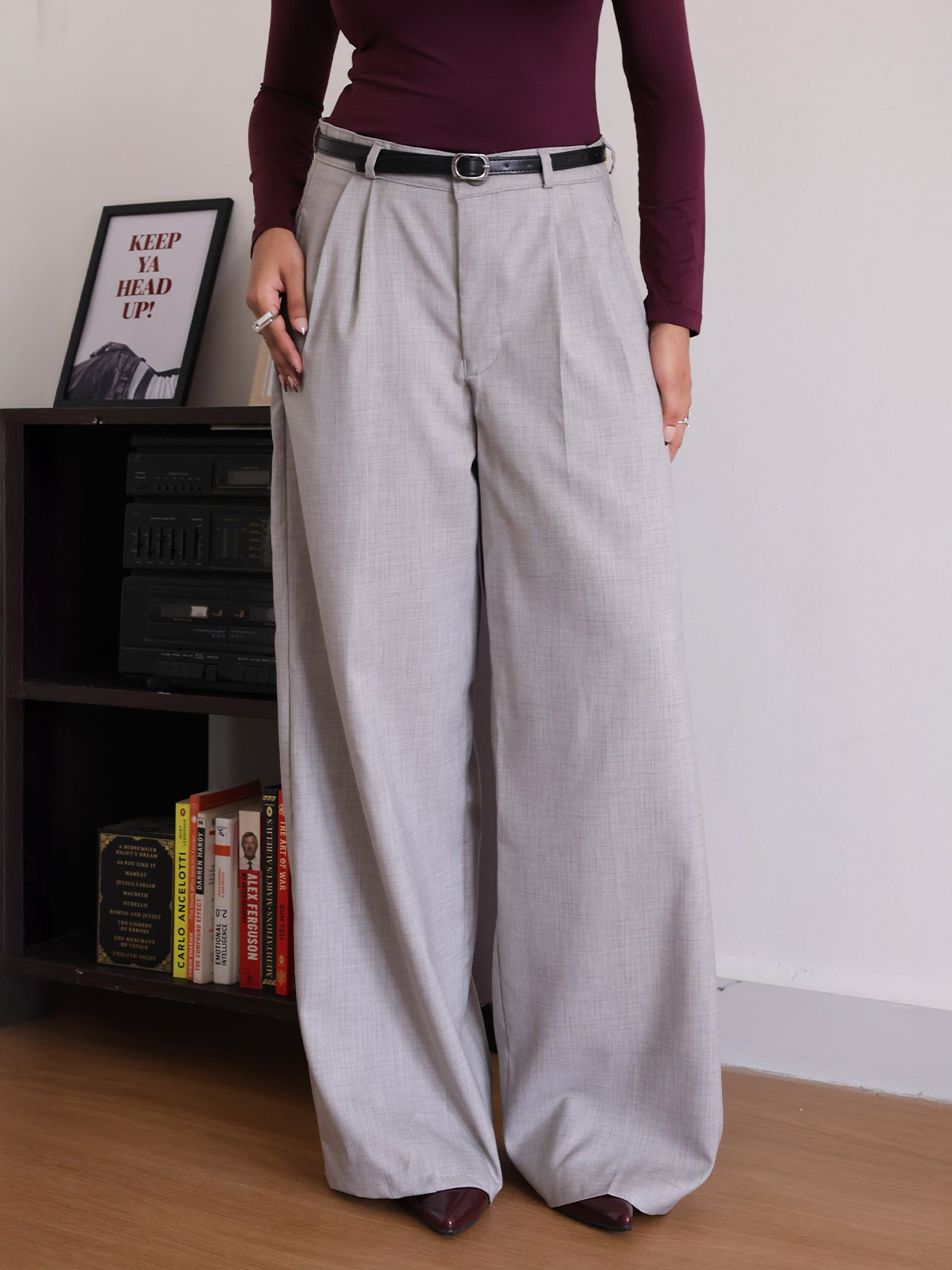 Oat Milk Belted Wide Leg Korean Pant