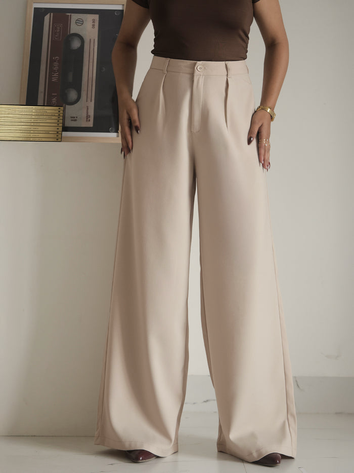 Warm Beige Pleated Wide Leg Korean Pants