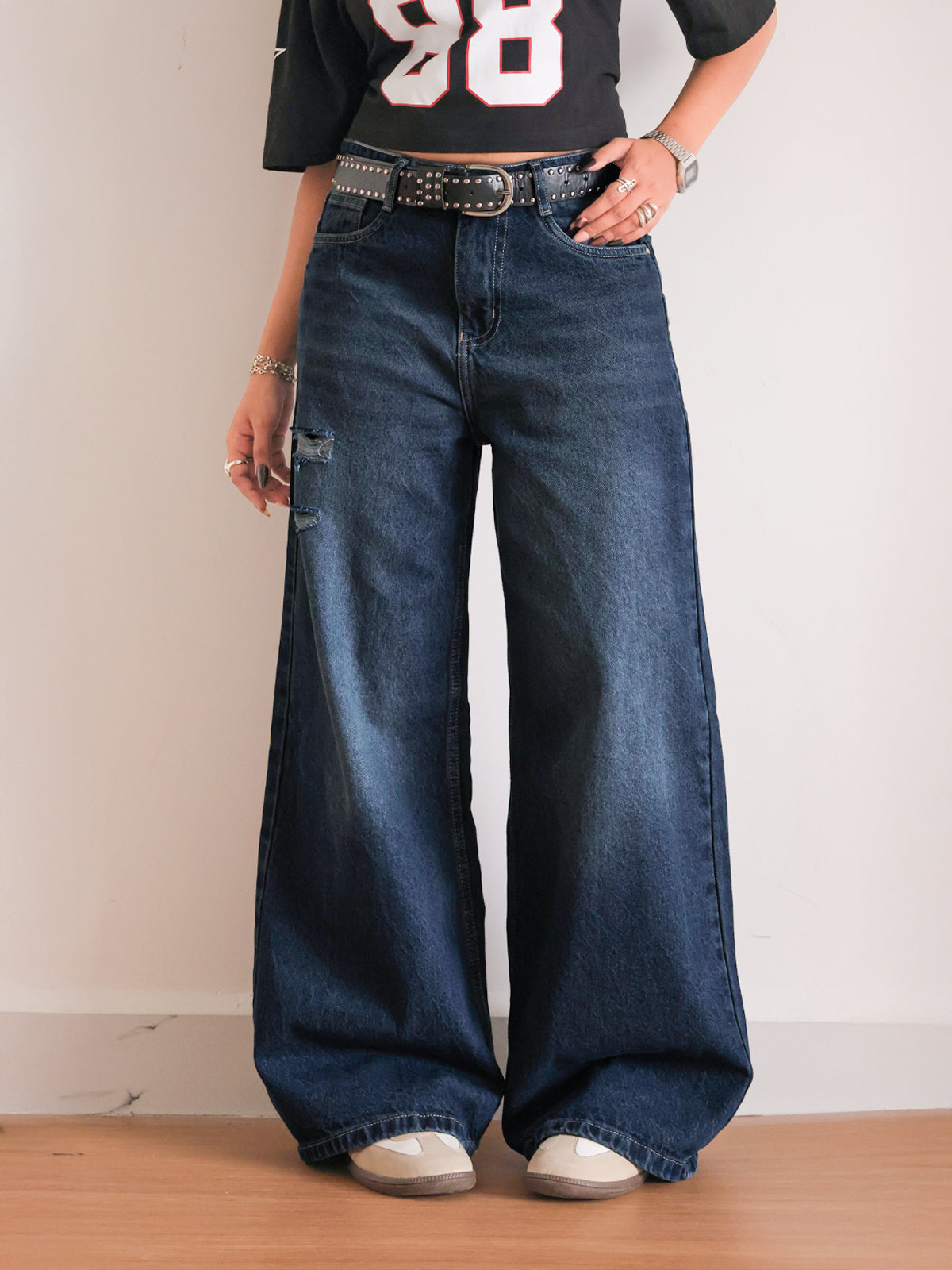 Deep Ocean Blue Ripped Ultra Wide Leg Jeans  