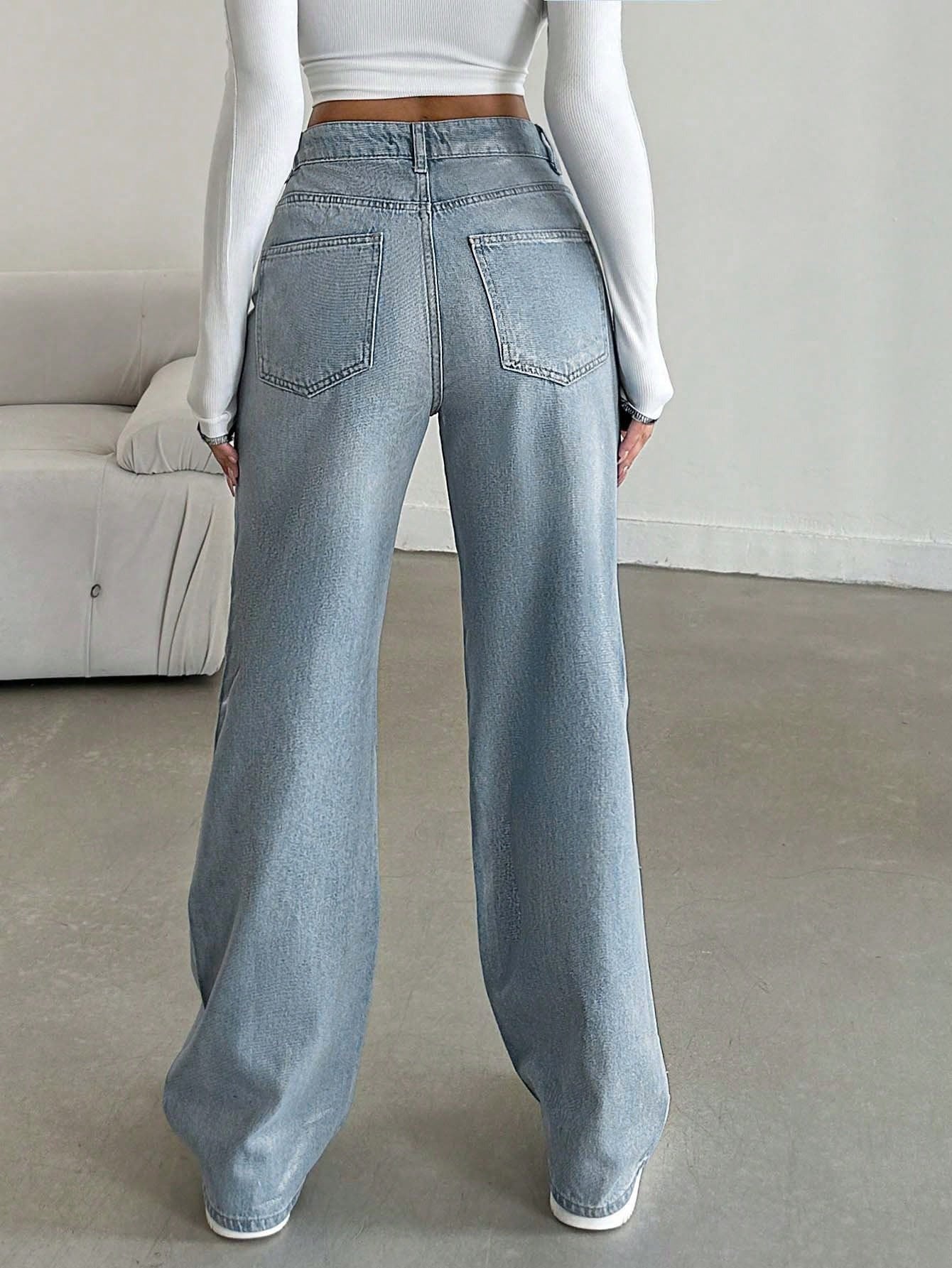 Ice Blue Washed Straight Leg Jeans