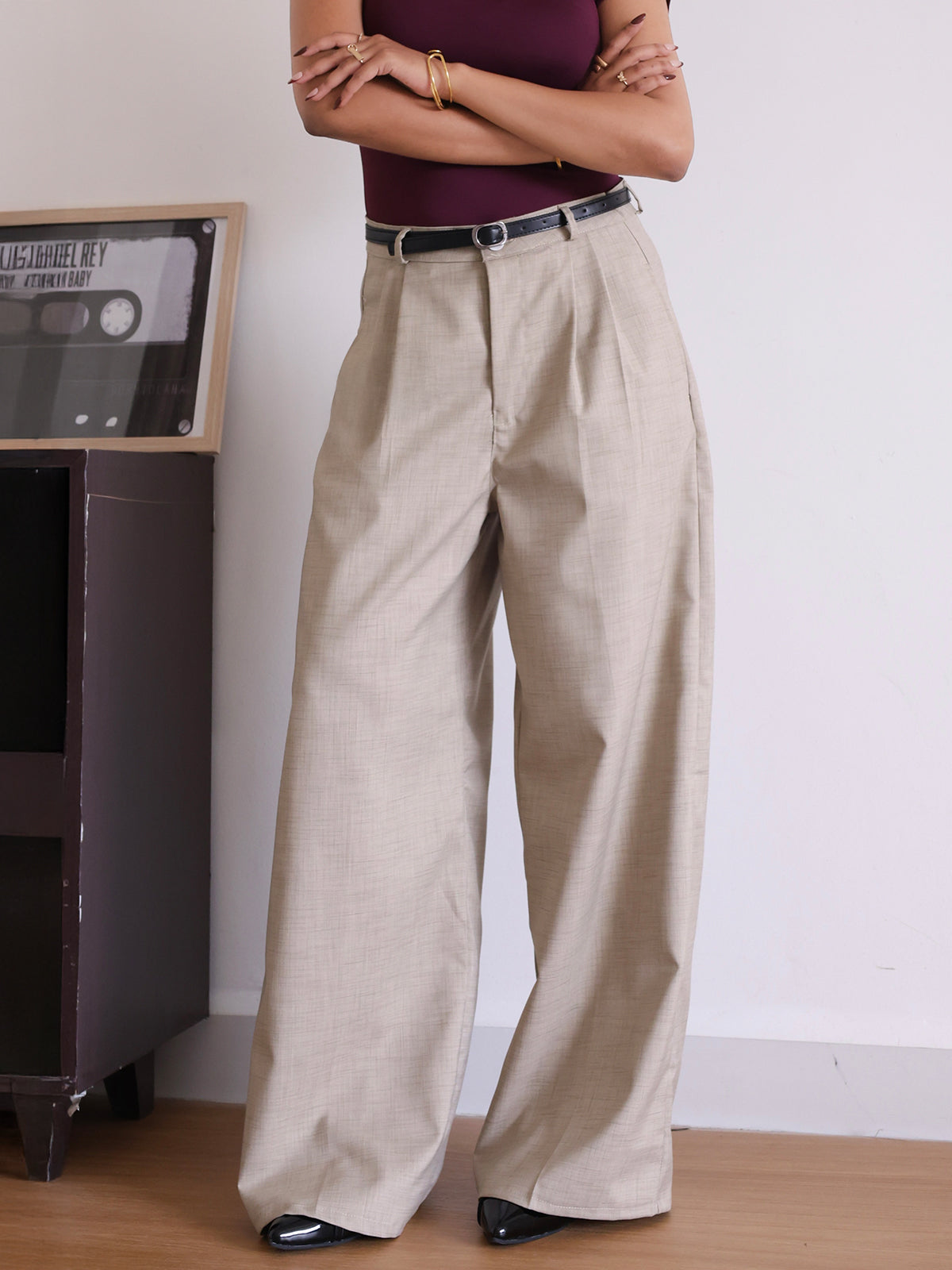 Walnut Brown Belted Wide Leg Korean Pant