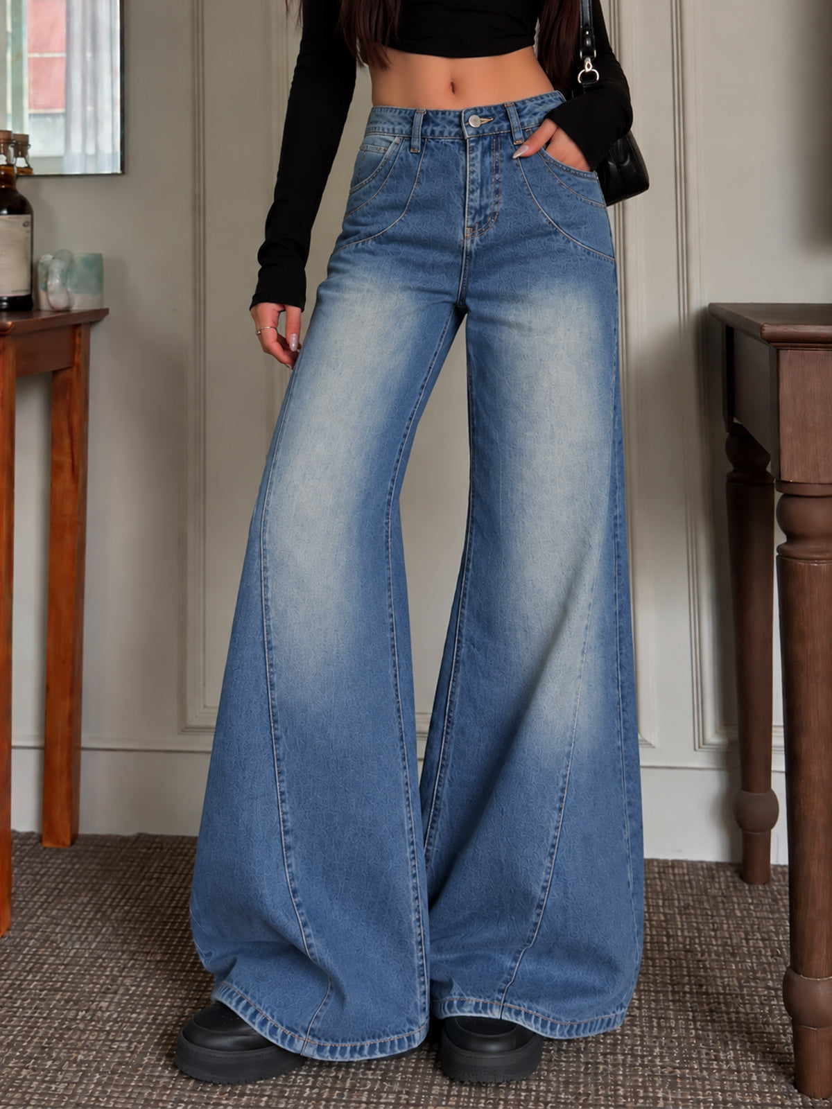 London Blue Panelled Super Wide Leg Jeans