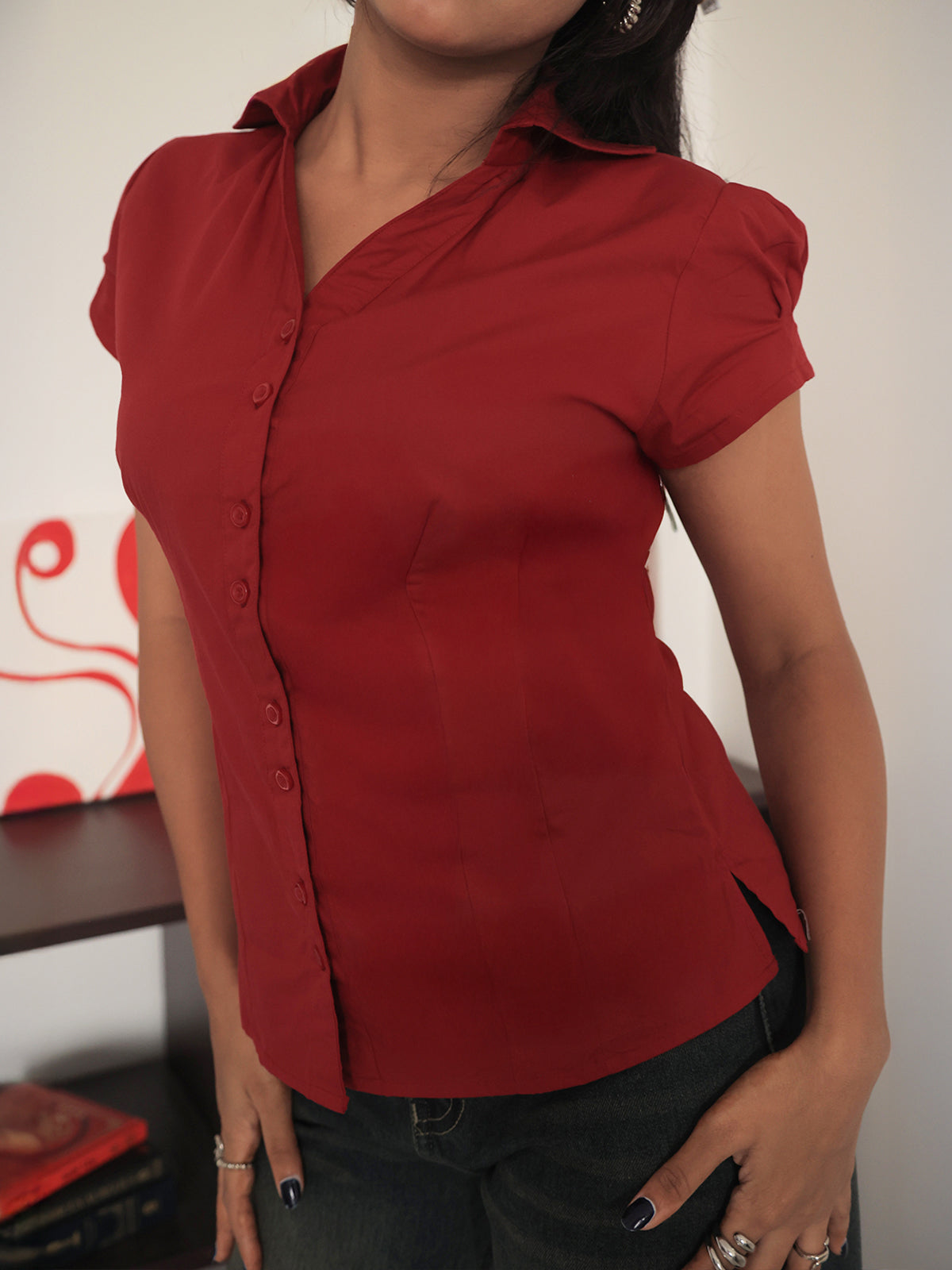 Red Short Sleeve Y2K Fitted Shirt