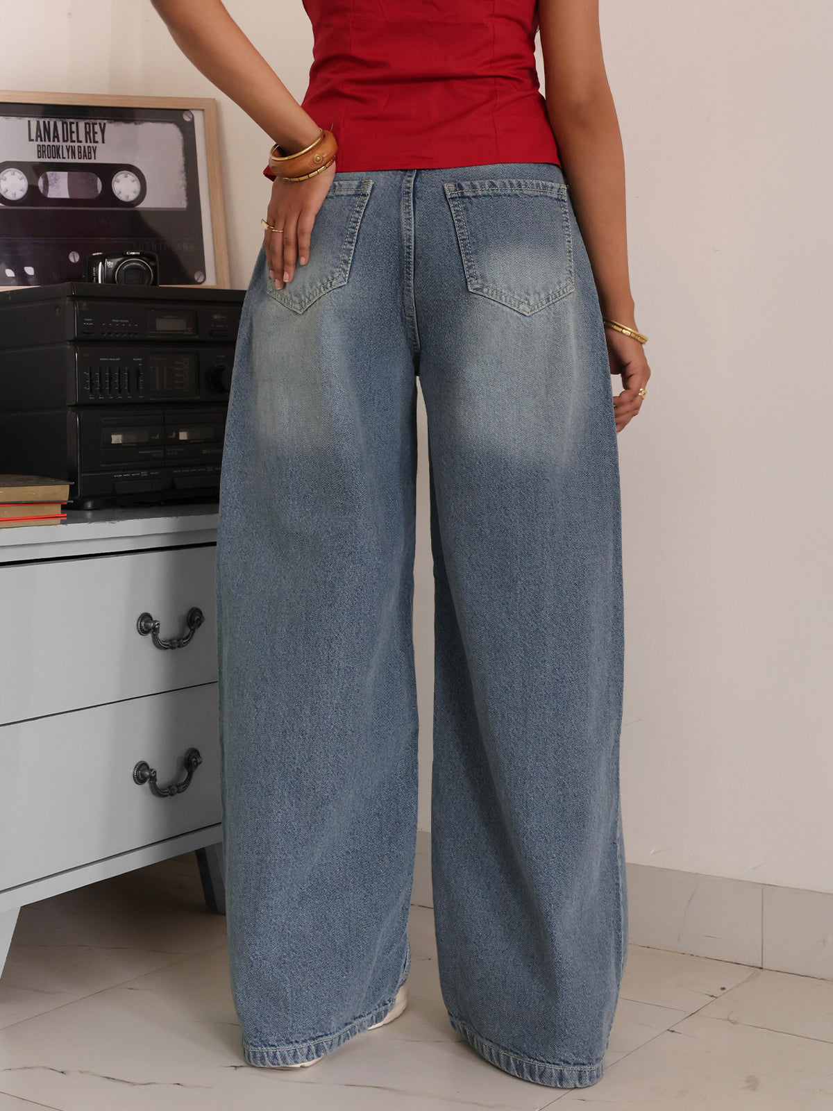 Pastel Blue Washed Panelled Wide Leg Jeans