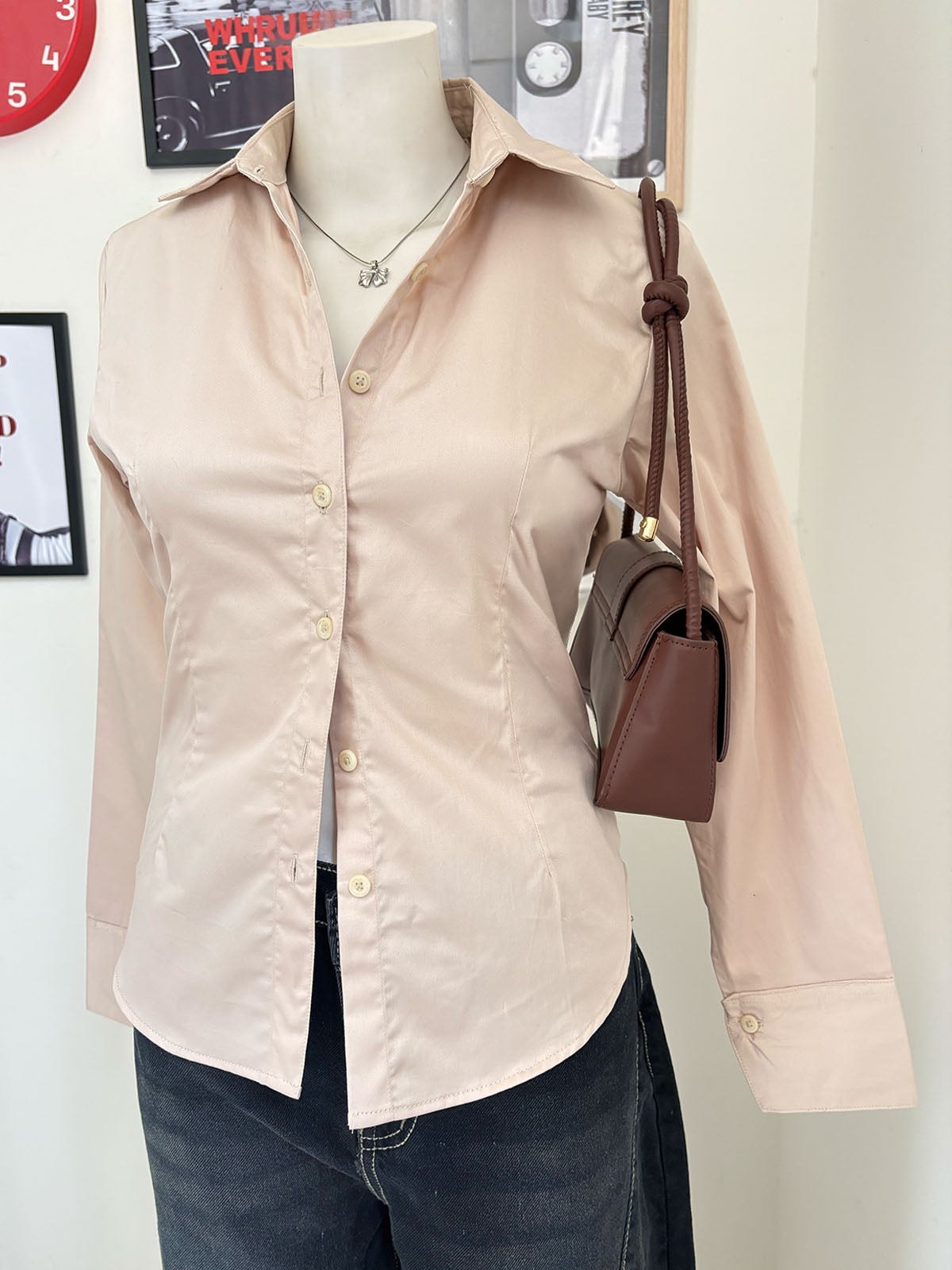 Beige Long Sleeve Y2K Fitted Shirt