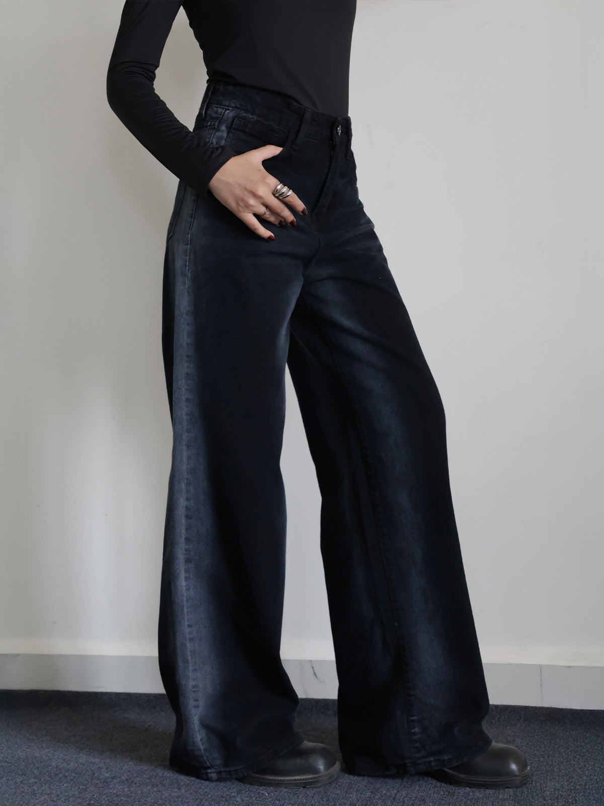 Dawn Black Ombre Washed Wide Leg Jeans