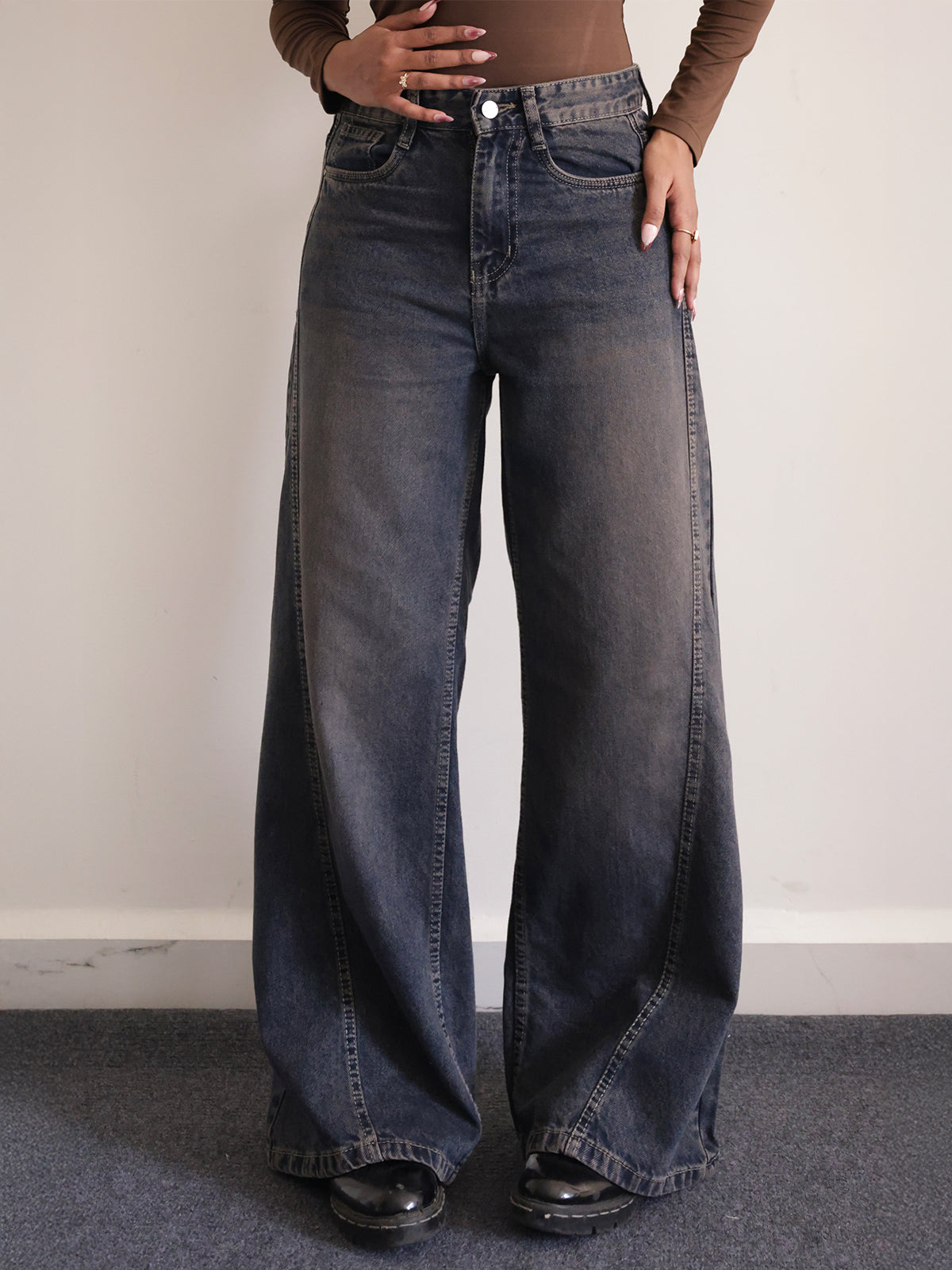 Burnt Blue Panelled Y2K Wide Leg Jeans