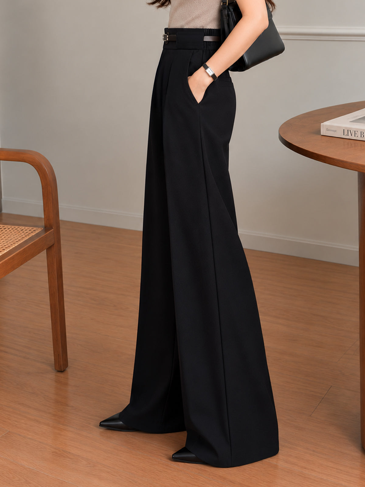 Rich Black  Belted Tailored Korean Pant