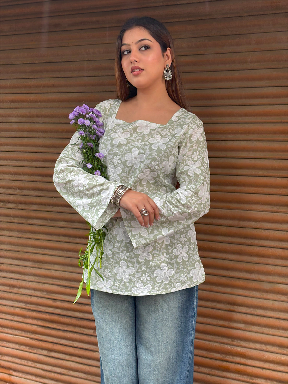 Pallavi Square Neck Flared Sleeve Short Kurti