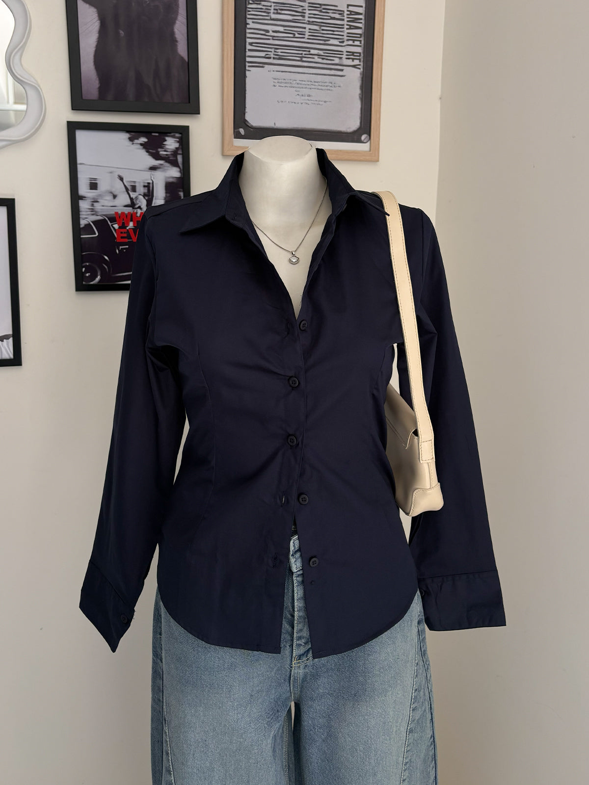 Navy Long Sleeve Y2K Fitted Shirt