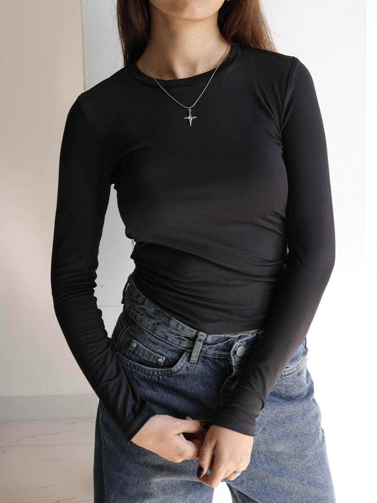 Black Crew Neck Long Sleeve Slim Fit Top