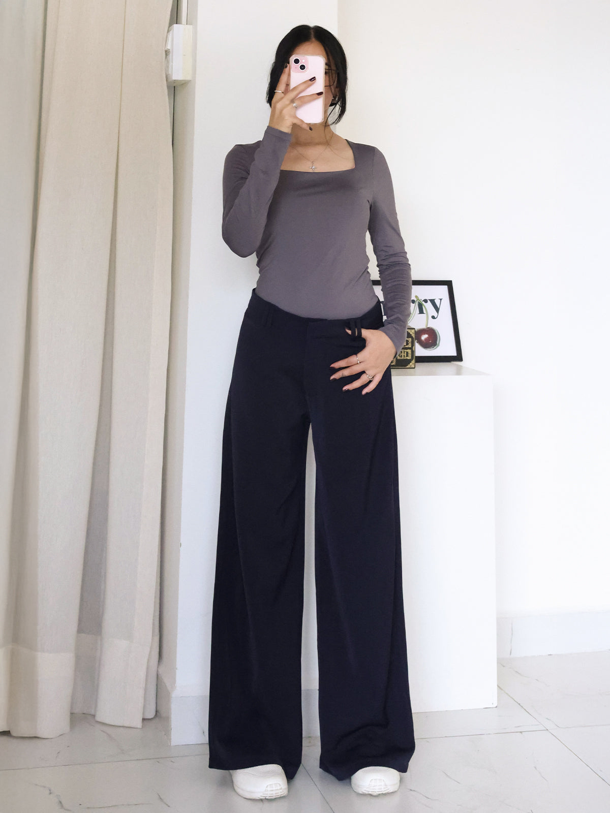 Deep Navy Low Waist Wide Leg Korean Pants
