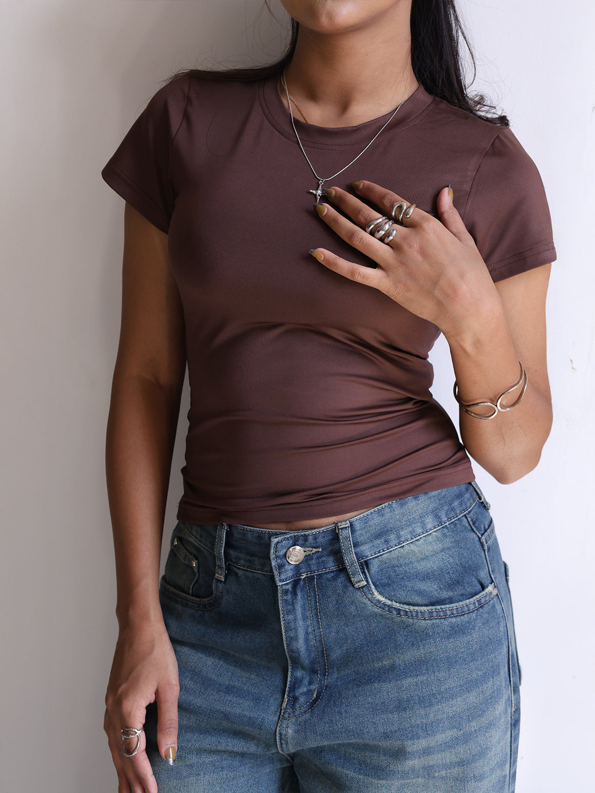 Chocolate Brown Crew Neck Short Sleeve Slim Fit Top